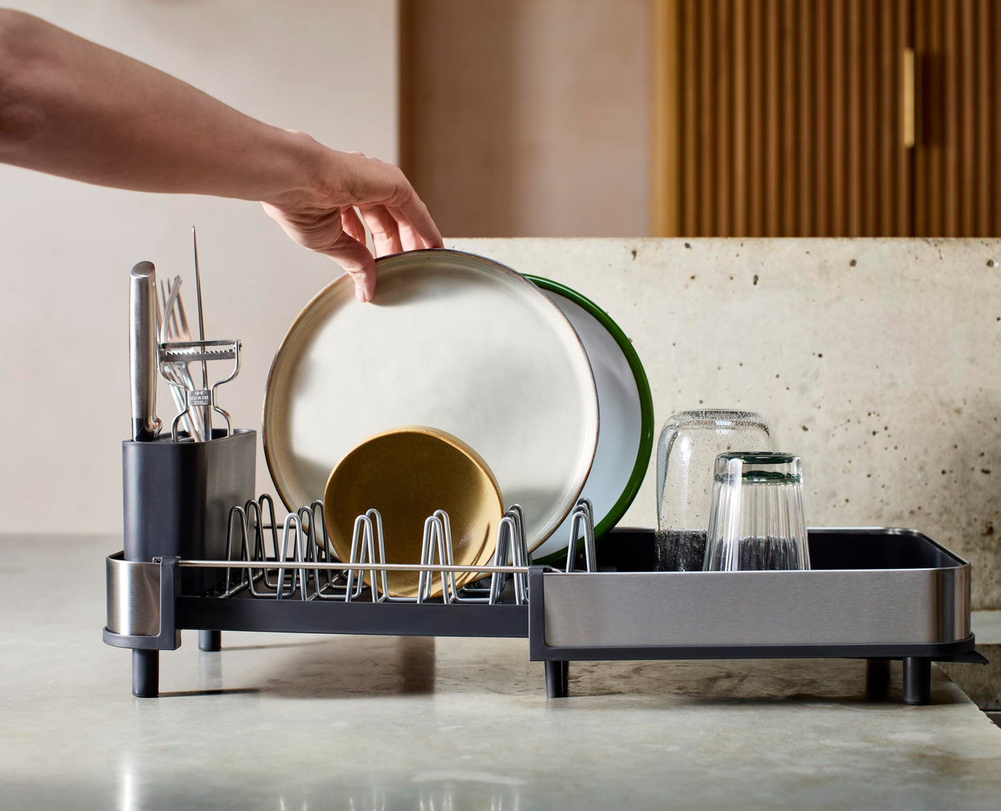 Joseph Joseph Extend Slim Steel Expandable Dish Drying Rack with Removable Cutlery Holder and Swivel Draining Spout, Compact Design, Grey