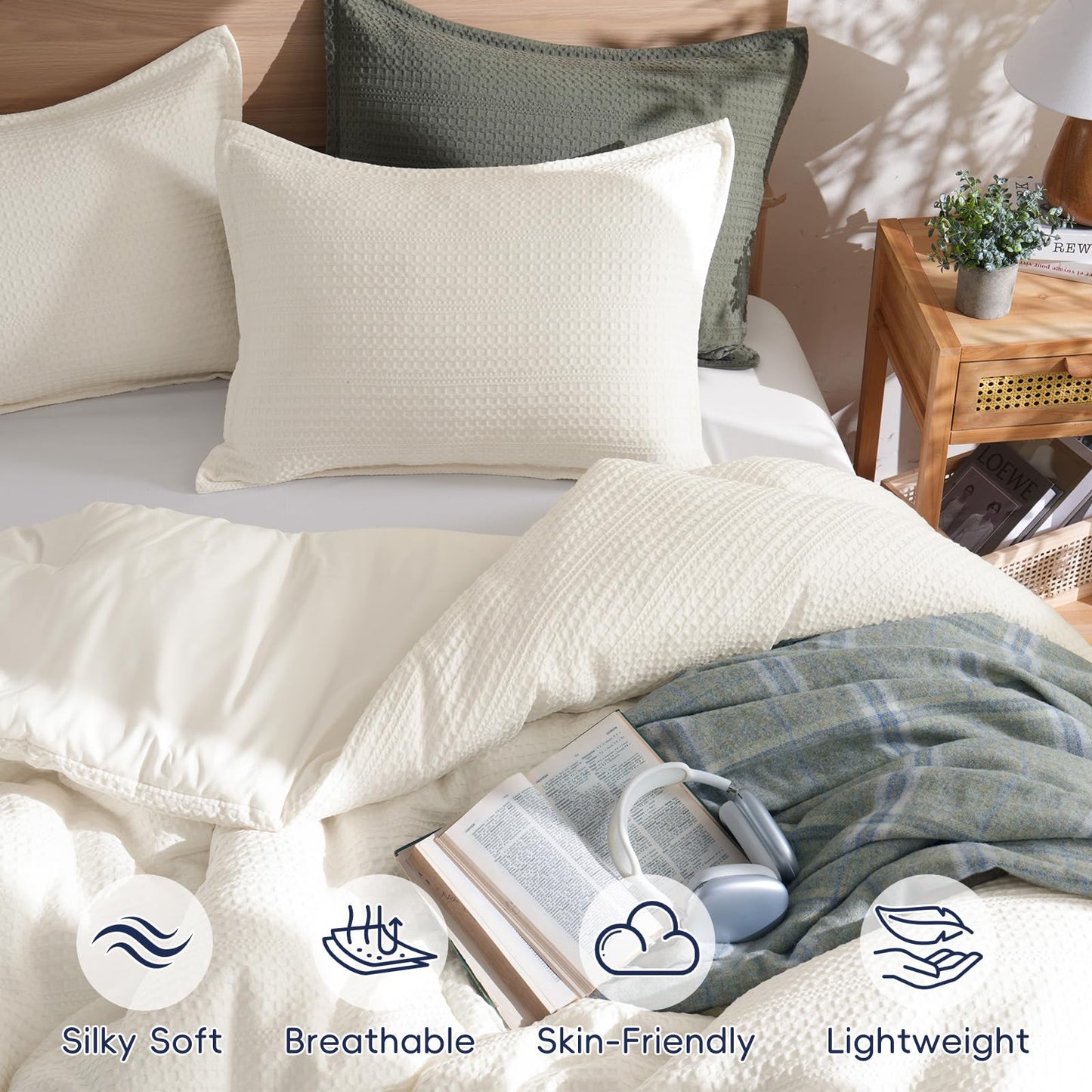 PHF Soft Waffle Comforter Set Queen Size- Comfy Breathable Waffle Weave Comforter with 2 Pillow Shams, 3 Pieces No Snagging Lightweight Bedding Set for All Season, Cream