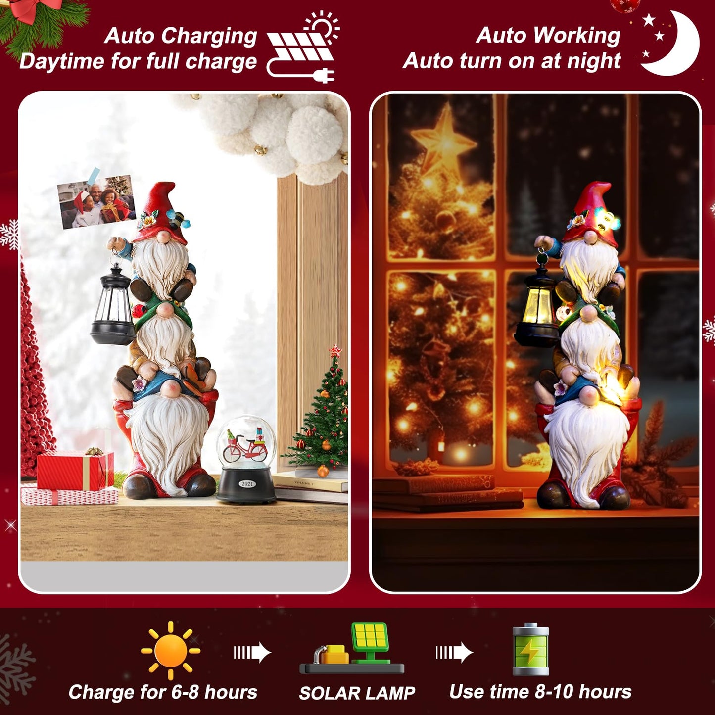 Christmas Garden Gnome Statue with Solar Lights Garden Sculptures Funny Triple Gnome Outdoor Patio Lawn Yard Balcony Home Decor Birthday Gifts for Women Mom Grandma 12 in Thanksgiving Gnome