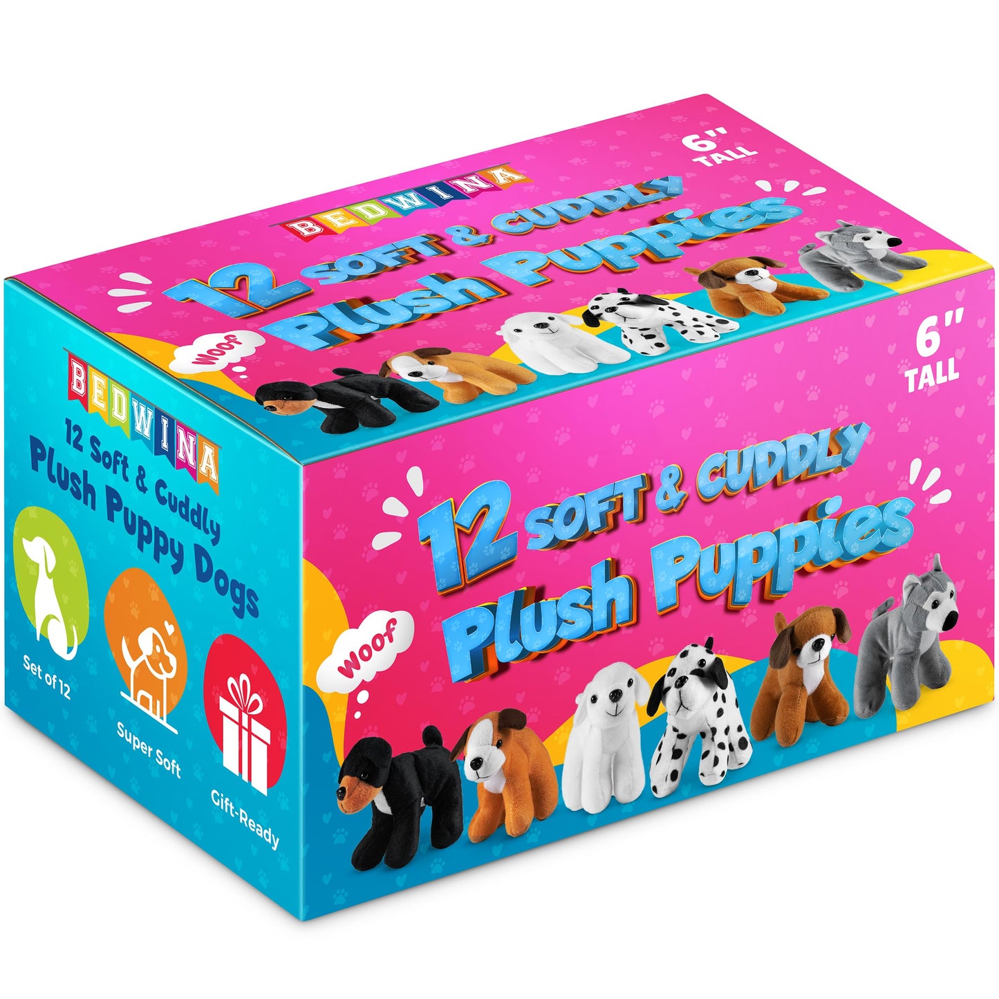Bedwina Plush Puppy Dogs - (Pack of 12) 6 Inches Tall Stuffed Animals Bulk Assorted Puppies and Cute Stuffed Plushed Dog Puppies Assortment, Stocking Stuffers