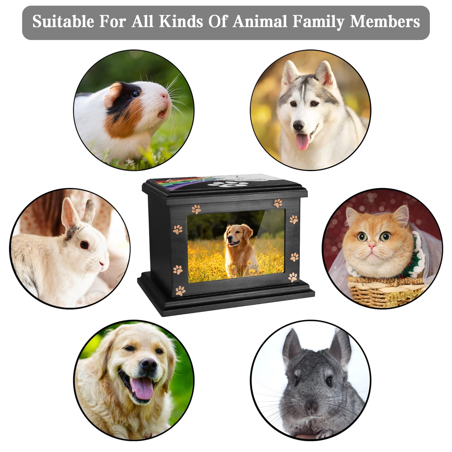 Pet Memorial Urn for Dogs or Cats Ashes - Large Wooden Funeral Keepsake With Photo Frame, Cremation Memory Box for Loss Pets, Casket Burial Ashes