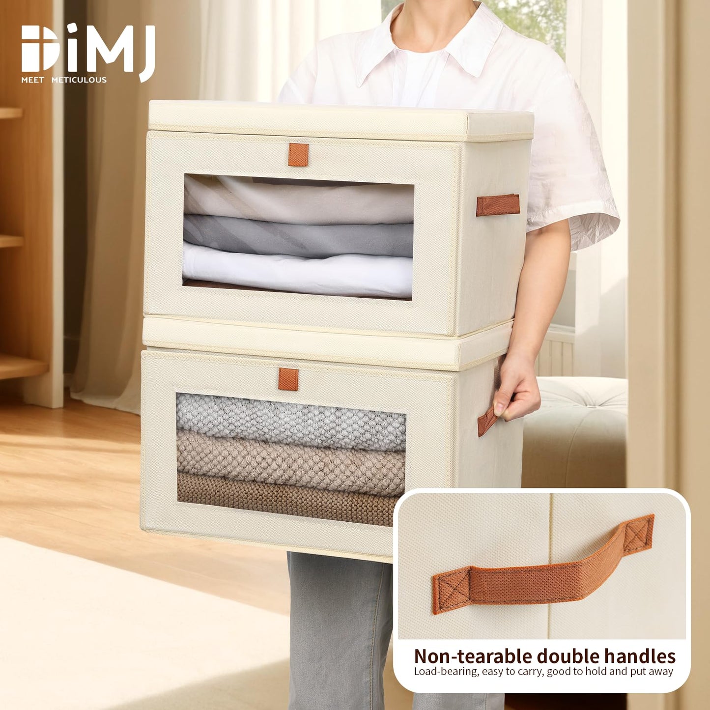 DIMJ Fabric Storage Box with Lid - 4 Pack Stackable Large Closet Storage Bins with Lid & Clear Window for Clothes, Foldable Decorative Basket Organizer Living Room,Bedroom,Office, Beige