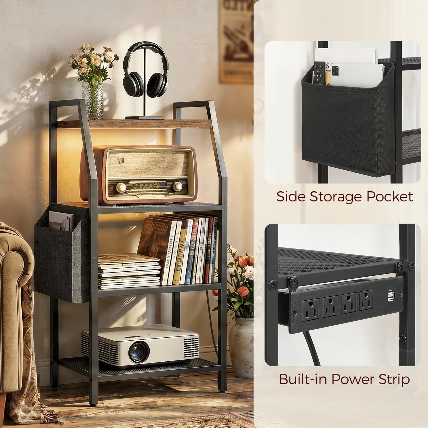 MAHANCRIS 4 Tier AV Media Stand with Power Outlet, LED Stereo Racks with Storage Bag, for Living Room & Studio, Record Player Stand, Speaker, Rustic Brown MSHR01E01