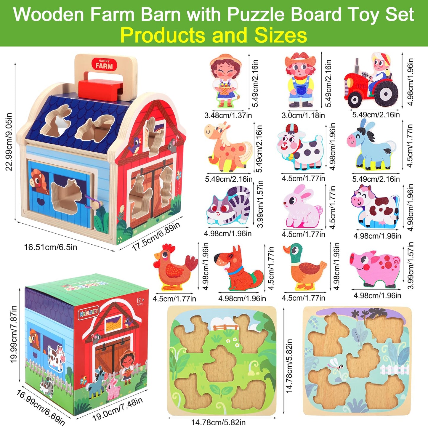 Toddler Montessori Wooden Farm Animal Toys for 1 2 3 Year Old Girls Boys, Sorting Barn Toy with Blocks Puzzles, Baby Shape Sorter Learning Toys, Christmas Birthday Gifts for Toddlers 1-3