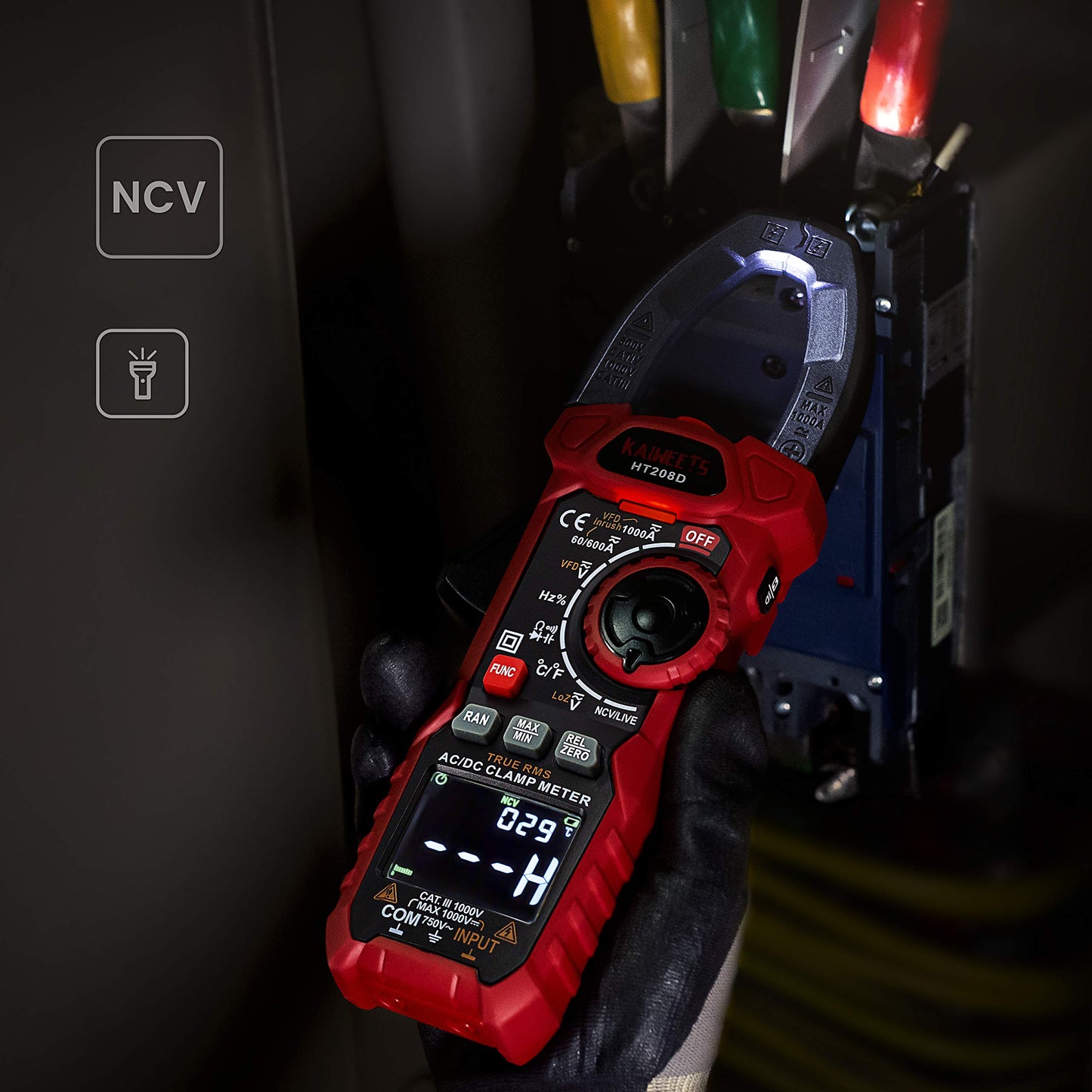 KAIWEETS Inrush Clamp Meter 1000A True RMS AC/DC Current Amp Meter, VFD, LOZ Mode, 6000 Counts, Measures Current Voltage Temperature Capacitance Resistance Diodes Continuity Duty-Cycle(HT208D)