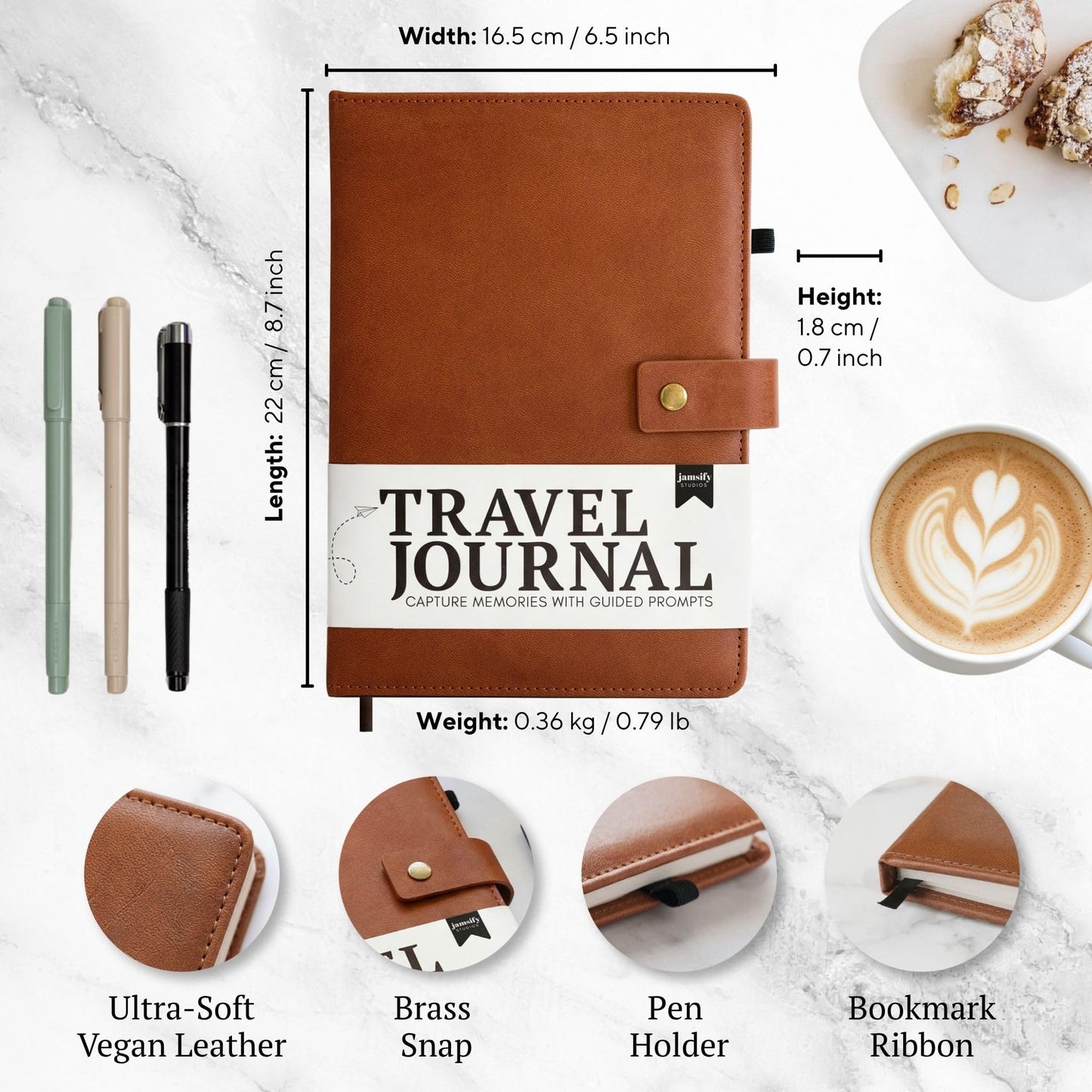 Jamsify Studios Travel Journal with Prompts (Hardcover) 2nd Edition - Vegan Leather Adventure Essential - 2-Page-A-Day Travel Journal (40 Days) for Women Men Nonbinary - A5 Daily Diary & Traveler Notebook - Gift - Present