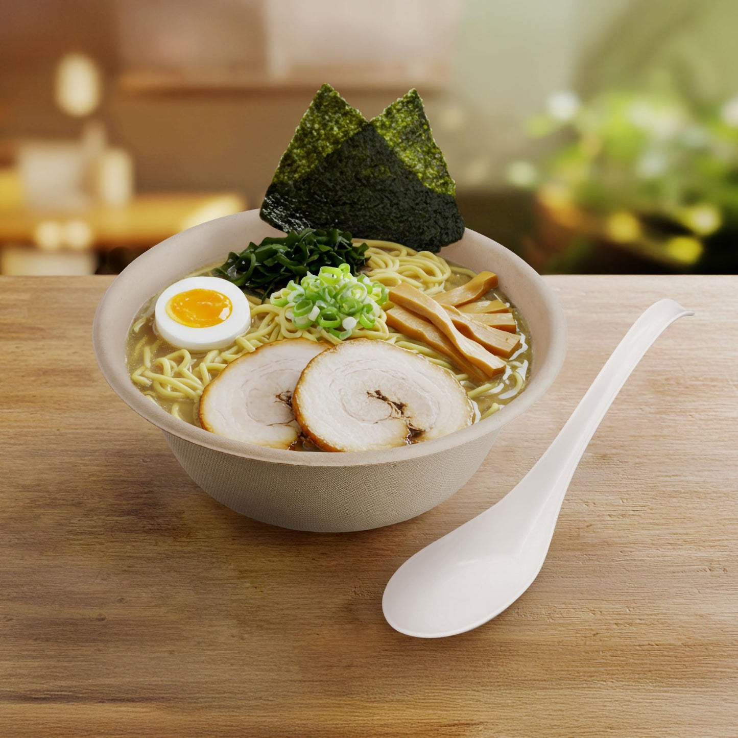 [600 Count] HAKOWARE Disposable Asian Soup Spoons with Hook, Plastic-Free Heavy Duty Spoons, Made from Crystalized Cornstarch, for Take-Out Ramen Pho Noodles