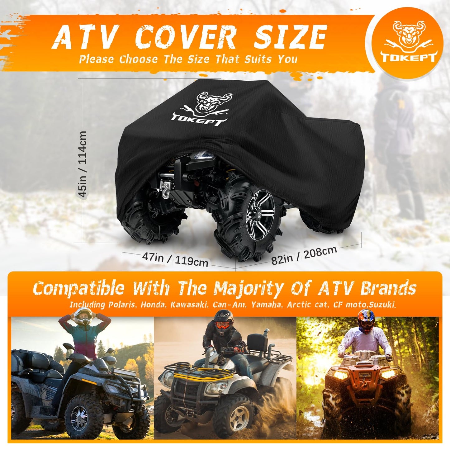 Tokept ATV Cover, Heavy Duty Black Waterproof Oxford Fabric Protective 4 Wheeler Quad Cover for 82" Kawasaki Honda Polaris Yamaha (82''L x 47''W x 45''H)