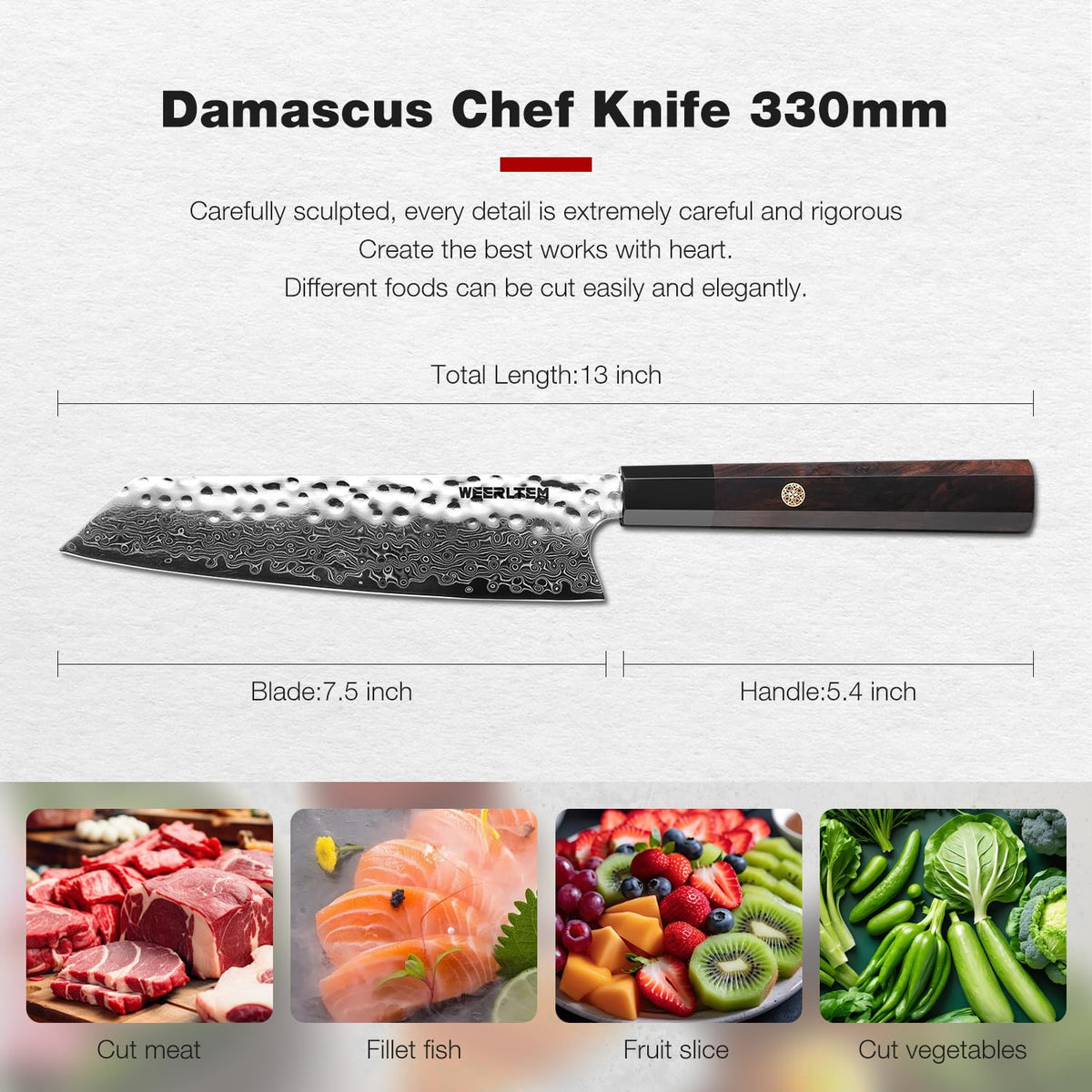 WEERLTEM Japanese Knife, 8 Inch Japanese Kiritsuke Chef Knife, Ultra Sharp Hand-Forged VG10 High Carbon Steel Japanese Damascus Kitchen Knife with Octagonal Ebony Handle & Gift Box