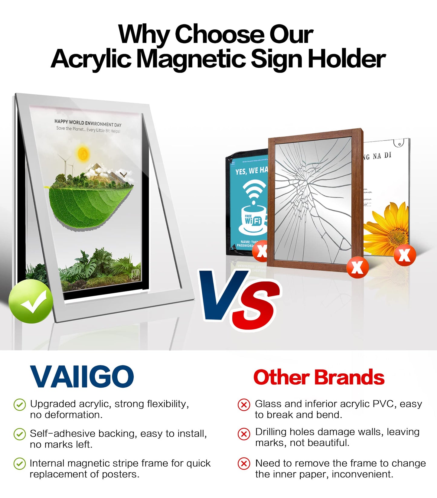 VAIIGO Acrylic Sign Holder 8.5" x 11" Wall Mount, Self Adhesive Magnetic Display Frame with Nano Tape, Plastic Clear Document Frame for Office, Store, School, Home, Wall Picture Frame (Silver, 5Pack)