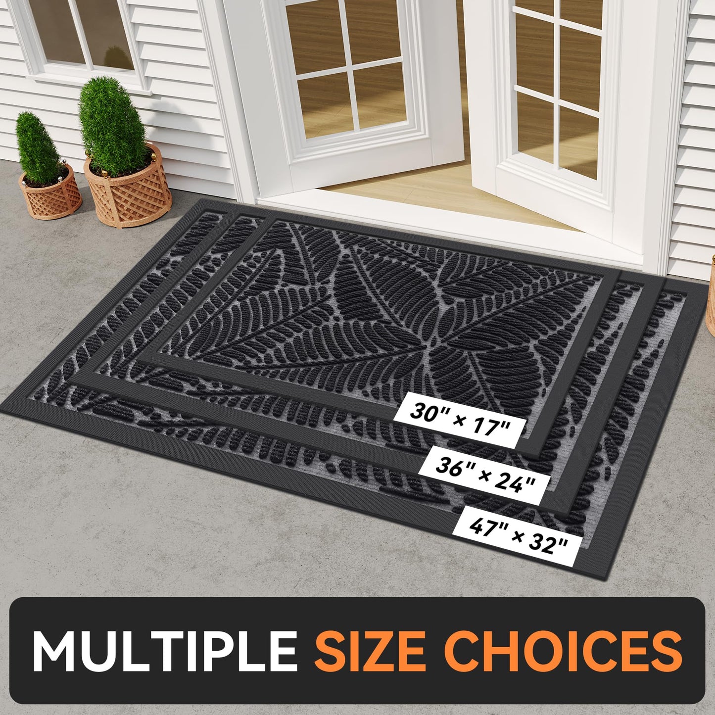 Grandaily Front Door Mat Indoor Outdoor Waterproof Doormat, Non Slip Natural Rubber Welcome Mat, Heavy Duty Durable Super Absorbent Entryway Rugs, 36"x24", Black
