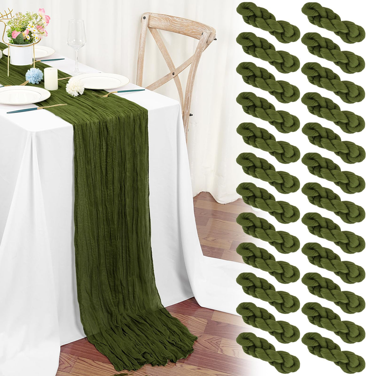 24 Packs Olive Green Table Runner, Charming Cheesecloth Table Runner 45 x 275cm, Gauze Boho Wedding Decoration Rustic Sheer Fabric Cheese Cloth Table Runners for Wedding Party Bridal Shower