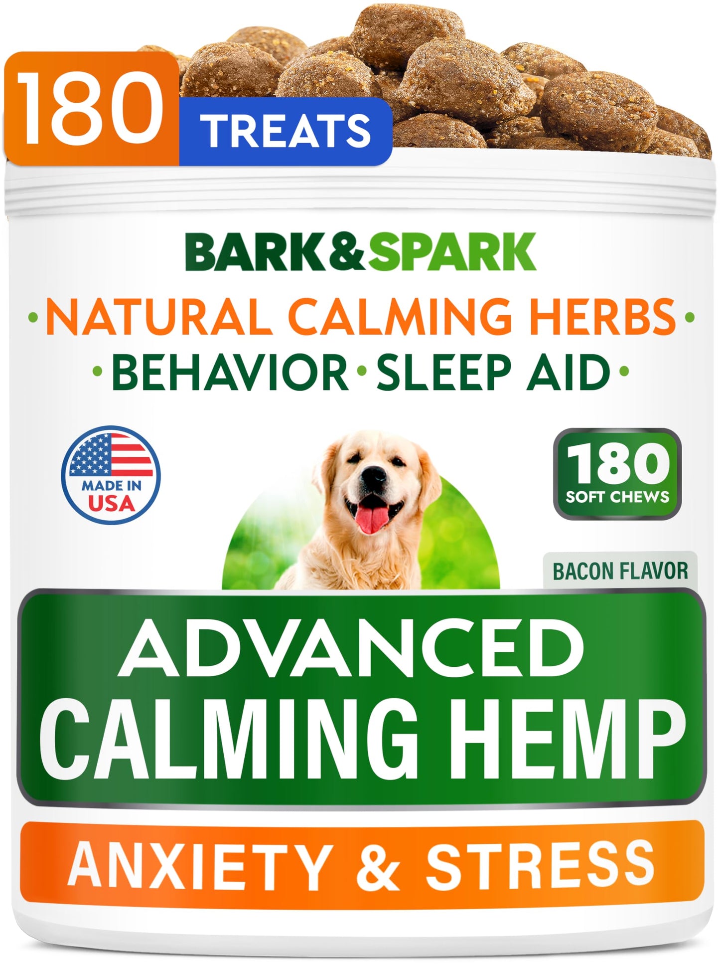 BARK&SPARK Advanced Calming Hemp Treats for Dogs - Hemp Oil + Melatonin - Anxiety Relief - Separation Aid - Stress Relief During Fireworks, Storms, Thunder - Aggressive Behavior, Barking - 180 Chews