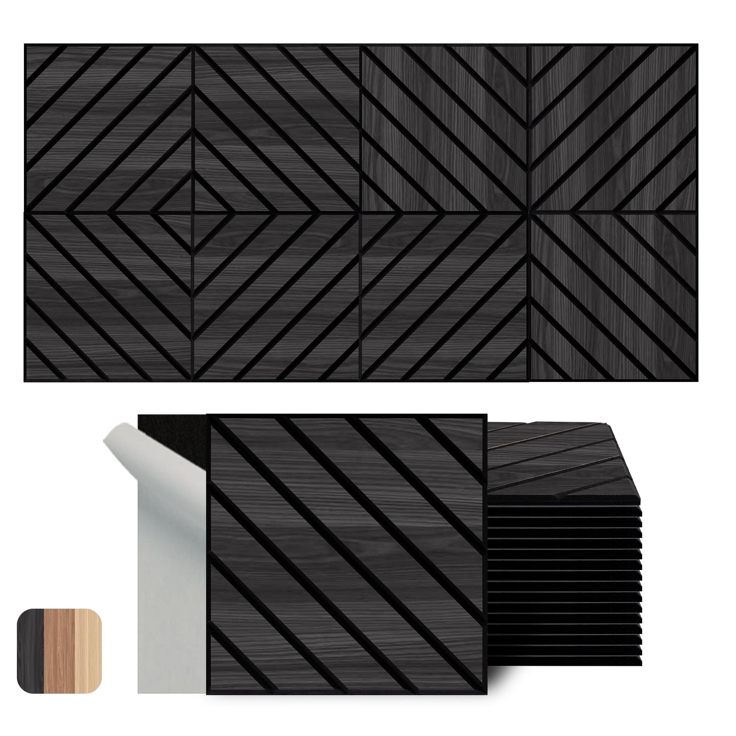 WoveN SounD Artisan Acoustic Wall Panels, Black Oak, 12x12 Inch, 16 Pack, Twill Pattern |Wood Veneer|Adhesive|Sound Absorbing|Sound Dampening|Sound Proof|Interior Wall Decor|Home|Studio|