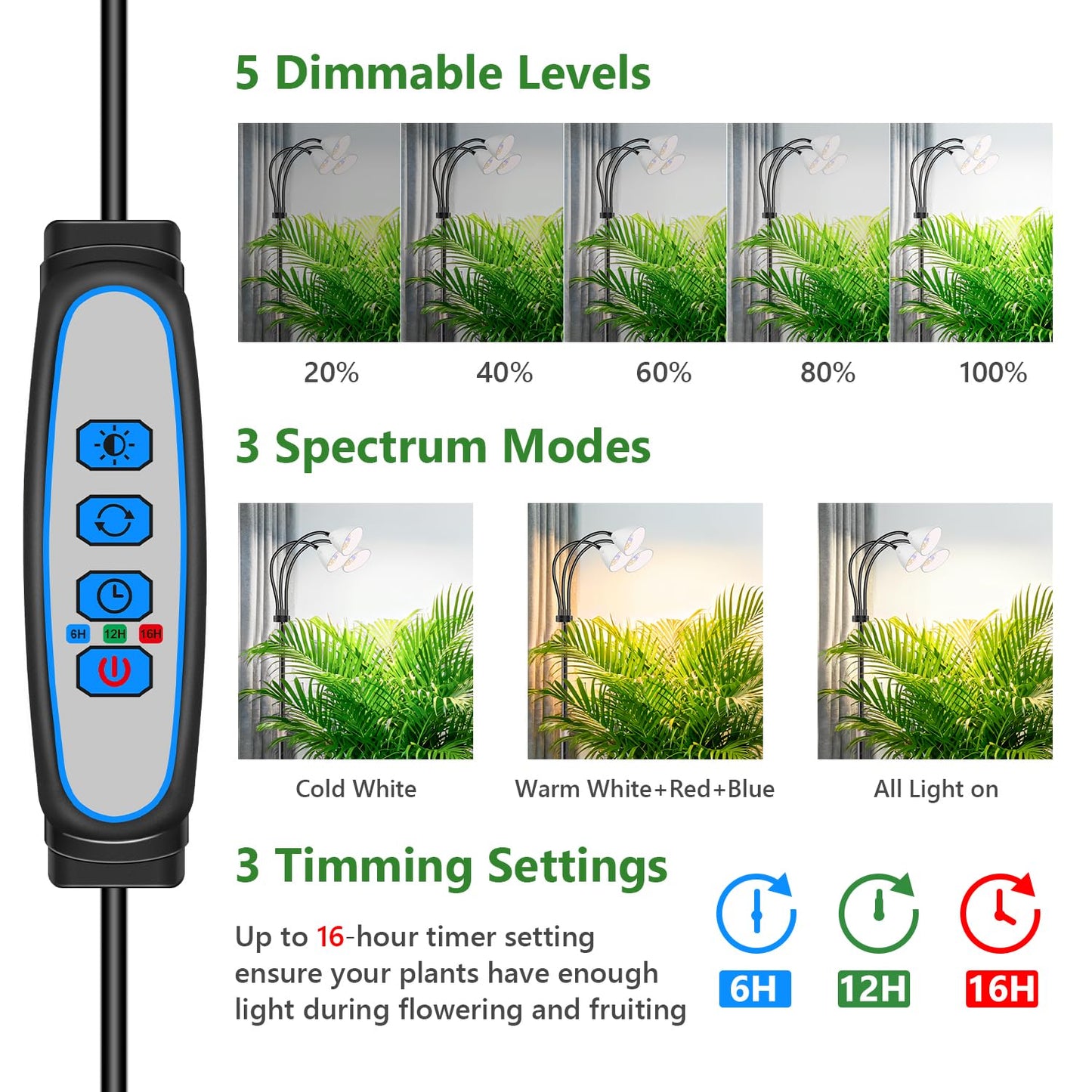Wolezek Grow Lights for Indoor Plants with Stand, 3-Head 78 LEDs Full Spectrum Floor Plant Grow Lamp for Large Plants, Auto On/Off Timer 6/12/16H, 5 Dimmable Levels, Adjustable Height 16.5"-61"