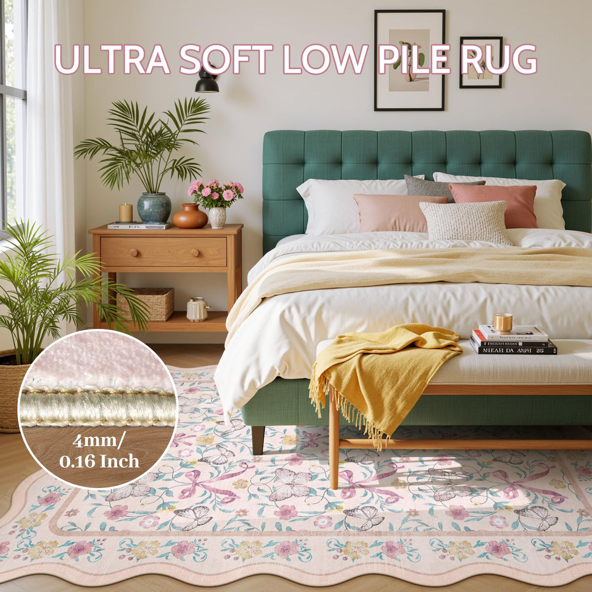 5x7 Pink Nursery Rug for Bedroom, Scalloped Washable Area Rugs for Kids Room, Bow Floral Carpet for Girls Room, Cute Ultra-Soft Non Slip Boho Carpet for Playroom, Dorm (Pink)