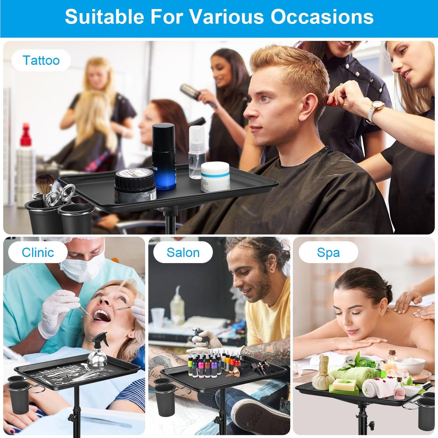 JOSTZHXIN Salon Rolling Tray, Tattoo Tray Rolling Cart, Height Adjustable Styling Tray, Service Storage Tray Trolley for Beauty Salon Clinic Spa,Black-with Cup Holder