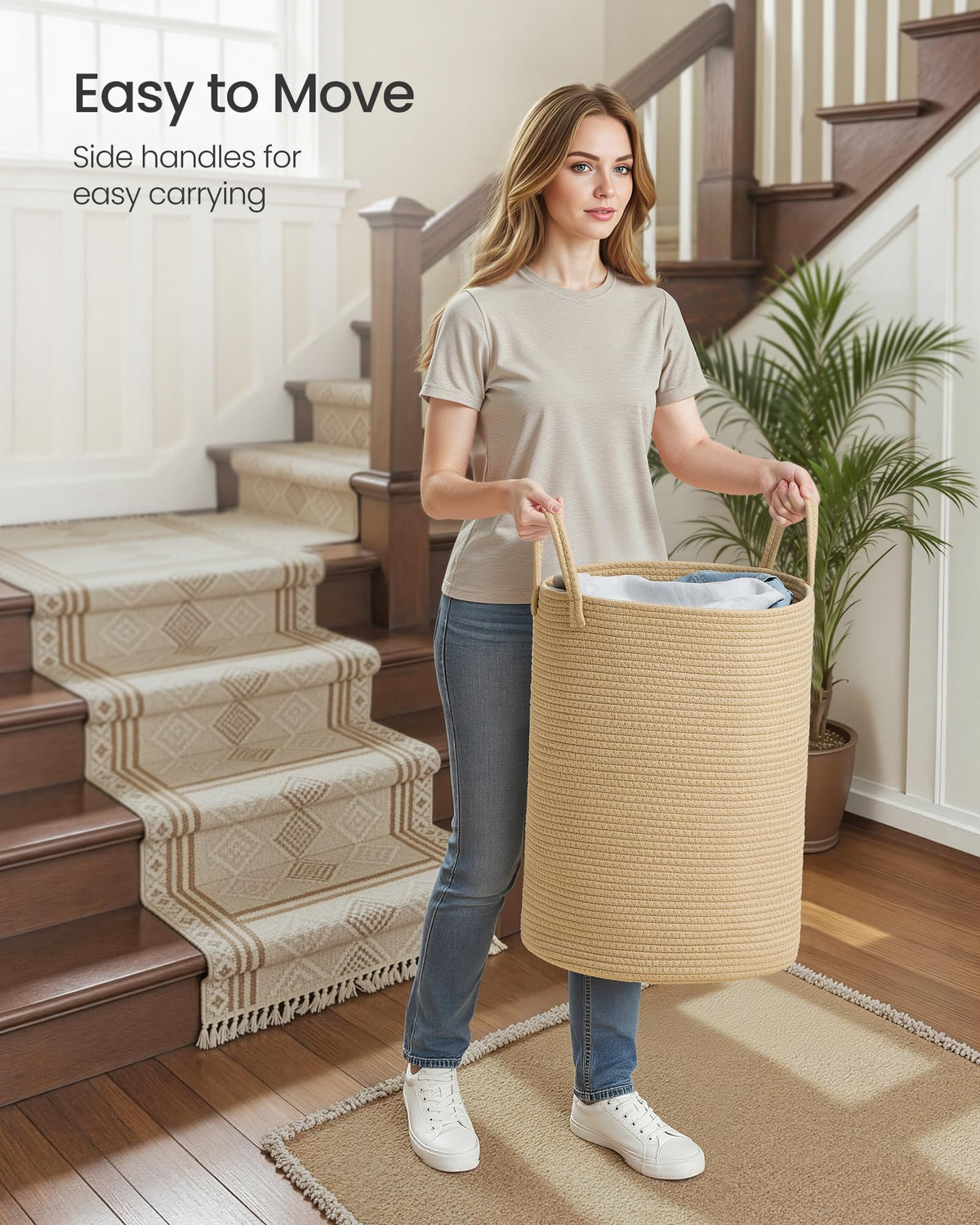 SONGMICS Laundry Hamper, Cotton Rope Laundry Basket with Handles, for Children, Toys, Clothing, Living Room, Bedroom, 60 L, 35 x 35 x 50 cm , Yellowish Brown URLH061KZ01