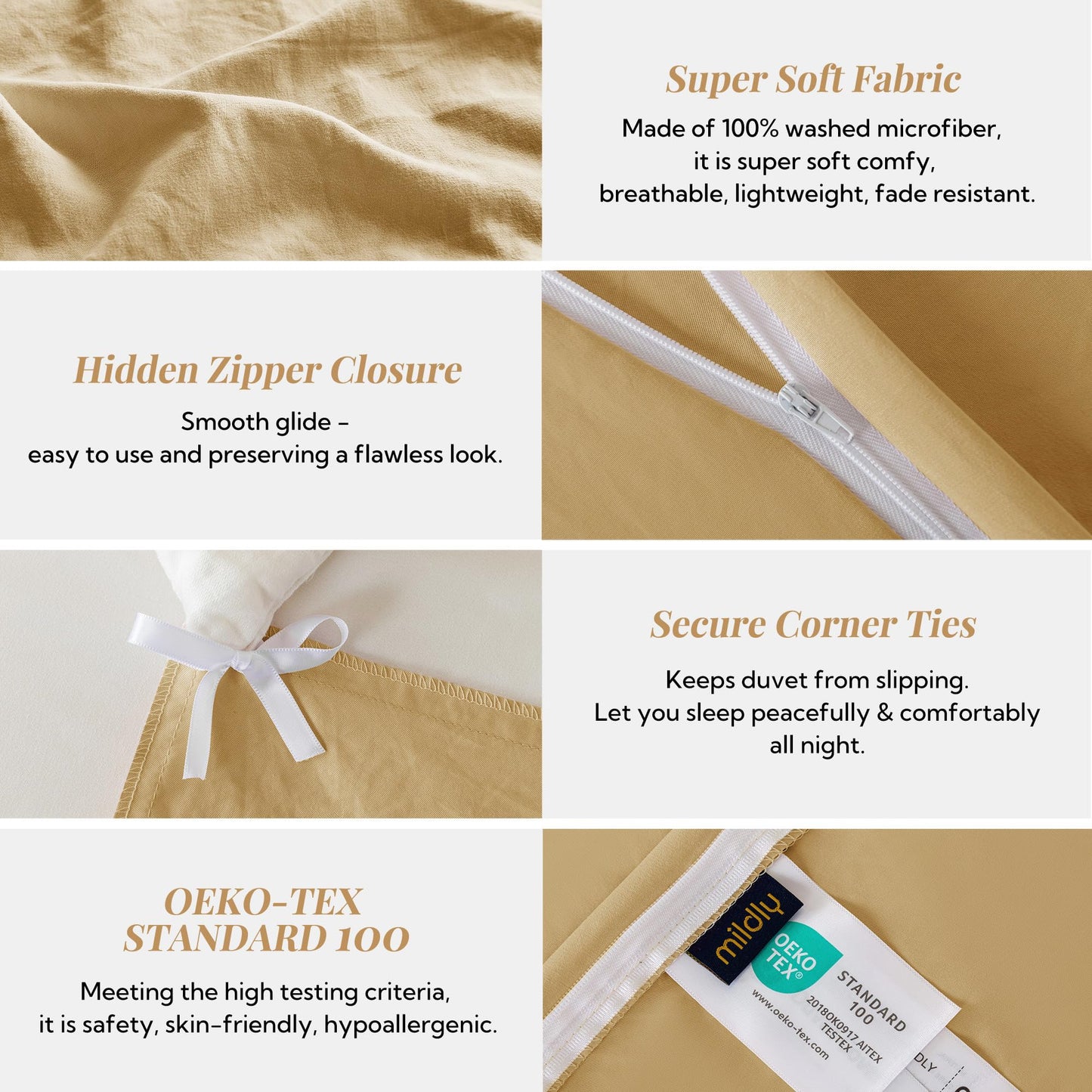 MILDLY Super Soft Duvet Cover - 100% Washed Microfiber Warm Mustard Yellow Comforter Cover Set 3 Pieces with Zipper Closure & Corner Ties (No Comforter)