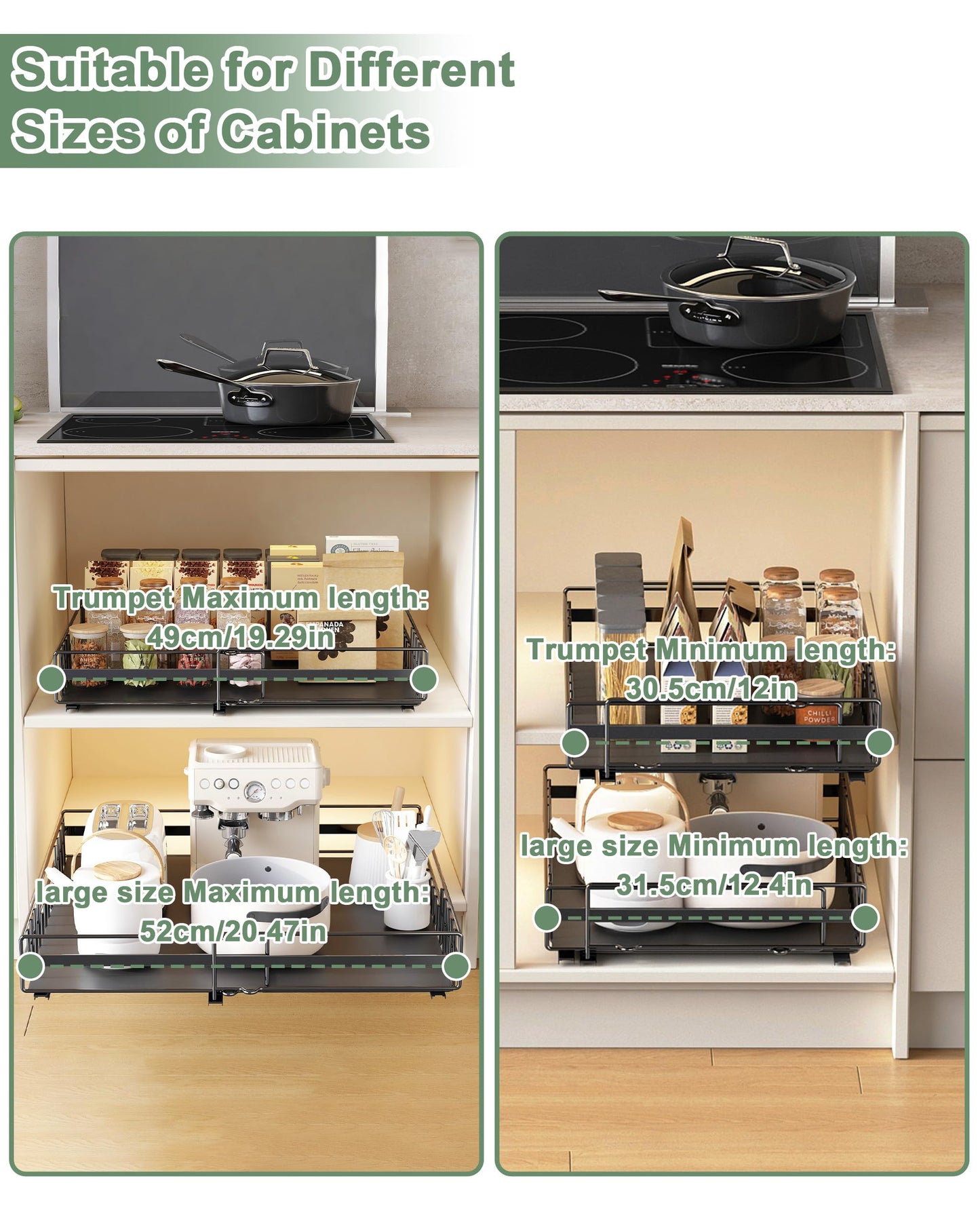 UMDONX 2 Pack Expandable Pull Out Cabinet Organizer Drawers Kitchen Cupboard Storage, No Drill Sliding Rack Adhesive Pantry Shelf (Durable Metal Black Load 65LBS)