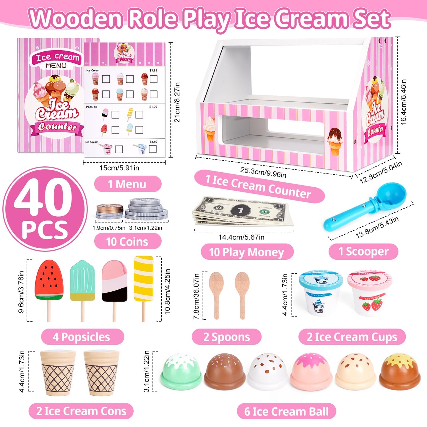 Ice Cream Toy, Wooden Pretend Play Toys Play Store for Kids, Wooden Ice Cream Play Set with Scoop, Fake Money, Menu, Ice Cream Toys Play Kitchen Food Gifts for 3 4 5 6 Year Old Toddlers Girls Boys