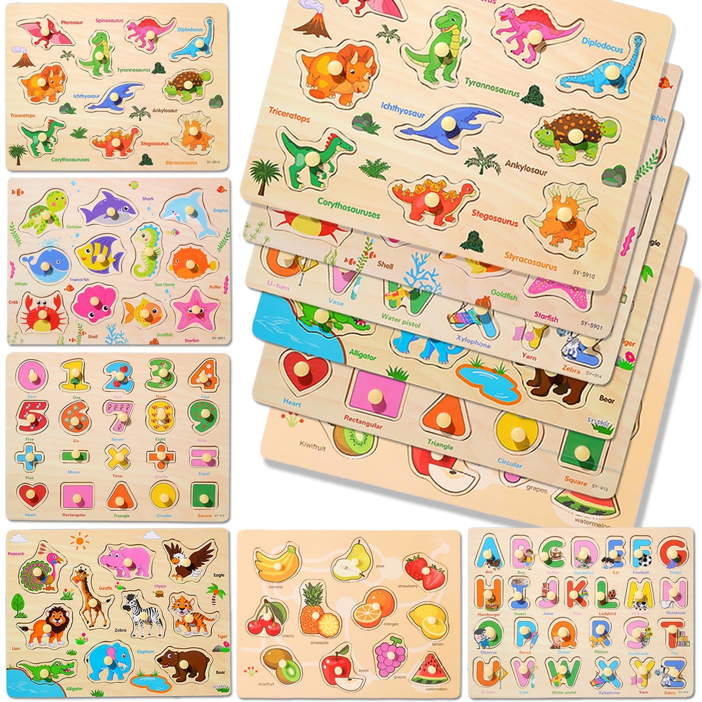 LOYUEGIYO 6PCS Toddler Wooden Peg Puzzle Toys for Age 2-4 3-5 Year Old Boys Girls,Educational Learning Sensory Toy,Puzzles for Toddlers Kids,Dinosaur&&Ocean&Alphabet&Number Shape&Animal&Fruit Puzzles