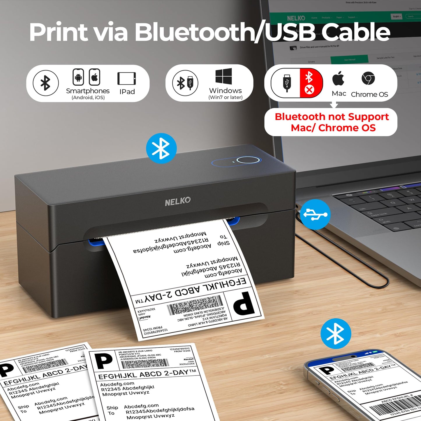 Bluetooth Shipping Label Printer, NELKO Wireless 4x6 Thermal Shipping Label Printer for Small Business, Support iPhone, Android, Windows, MAC and Chrome OS, Widely Used for Canada Post, Amazon, Etsy