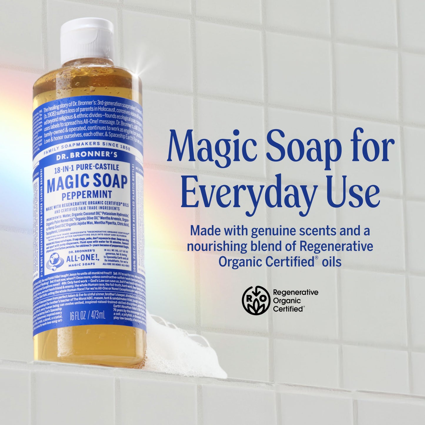 Dr. Bronner’s - Pure-Castile Liquid Soap (Peppermint, 473 mL, 2-Pack) - Made with Organic Oils, 18-in-1 Uses: Face, Body, Hair, Laundry, Pets and Dishes, Concentrated, Vegan, Non-GMO