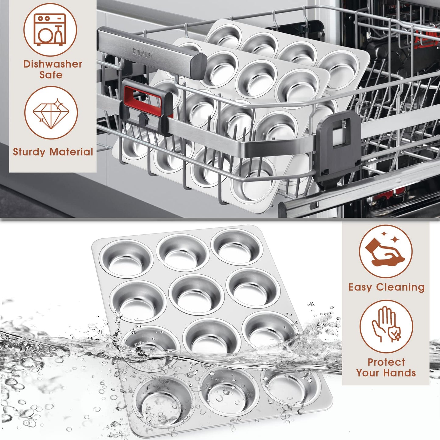 Muffin Pan Cupcake Baking Pan Set of 2, P&P CHEF 12 Cups Muffin Tin Tray, Stainless Steel Muffin Pans for Baking Mini Cake Tart Quiche, Oven & Dishwasher Safe, Non-Toxic & Heavy-Duty