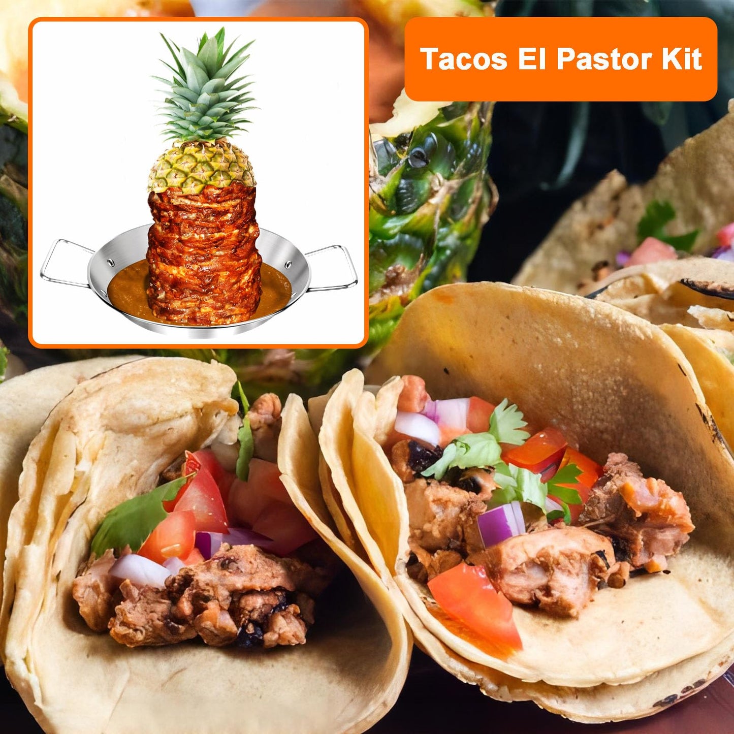 Al Pastor Skewer for Grill, 13 Inch Brazilian Spit Stand with 5 Spikes & 2 Brushes, Tong, Pad, Stainless Steel Vertical Sticks, Gyro Pan with Fat Separator for Tacos Al Pastor, Shawarma, Chicken