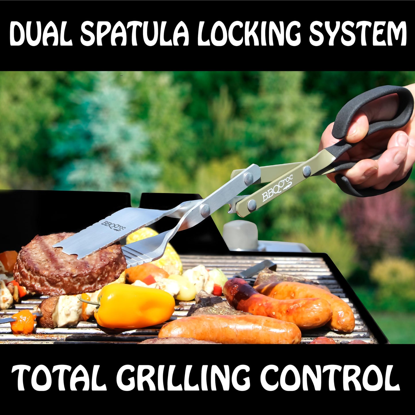 BBQ Croc 3 in 1 Barbecue Tool 15-inch - Extra Light Tongs, Spatula and Grill Scraper (Green) (15 inch (Pack of 2))