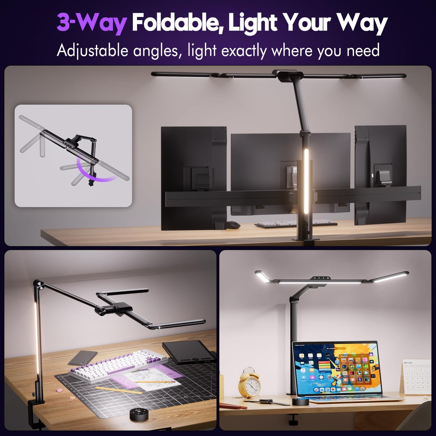 Quntis 32.5" Desk Lamp with 3-Adjust Light Bar, Backlight & Motion Sensor, Remote & Touch Control Architect Desk Light with Clamp,1100LM Glare-Free,Timer, 4 Color Dimming Monitor Light for Home Office
