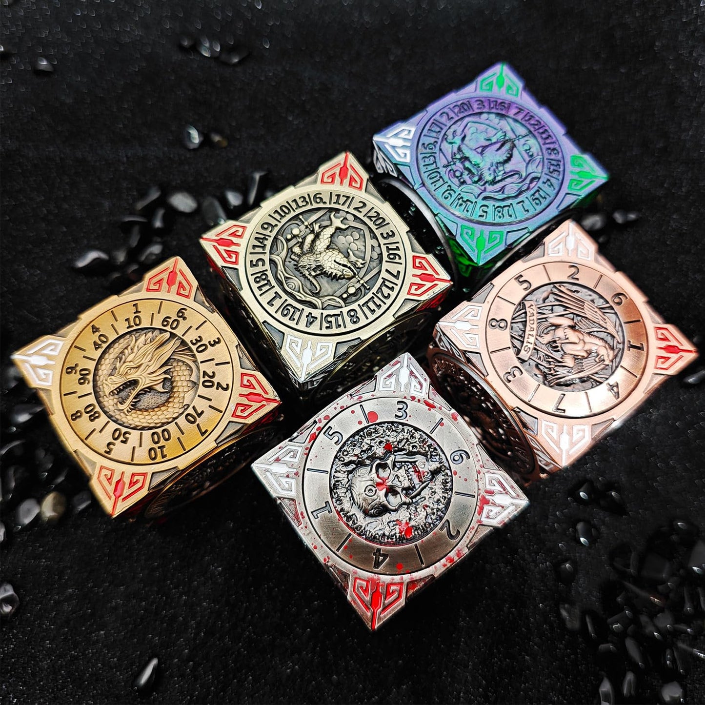DND Spinner Dice, 7-in-1 Metal Dice Set with Gifts Case for DND Gifts, 3D Relief Polyhedral Roleplaying Game Dice, Fantasy D&D Tabletop RPG Dice (Ancient Gold)