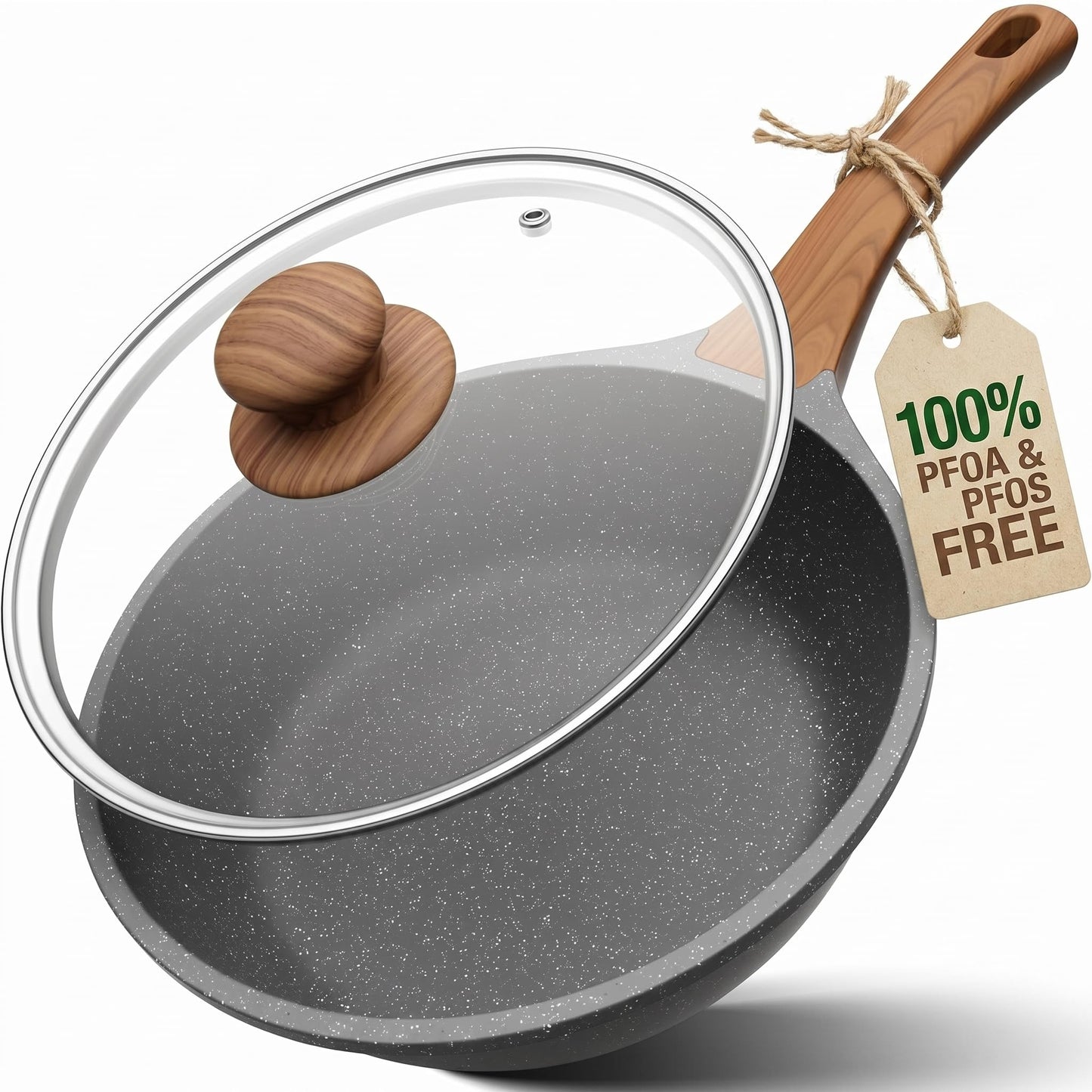 YASHE 24CM/3.3L Nonstick Deep Frying Pan w/Glass Lid, Dishwasher Safe