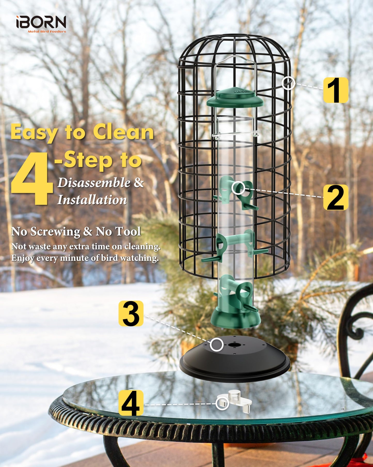 iBorn Squirrel Proof Bird Feeder Pigeon Proof Cage Bird Feeder for Outside with Squirrel, Pestoff Hanging Wild Bird Seed Feeder for Mix Seed Blends, Heavy Duty All Metal Green 14 Inch