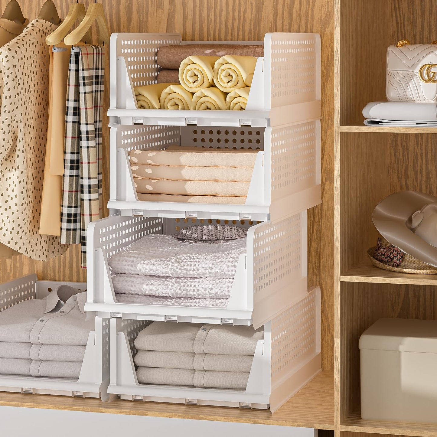 Neprock 4 Pack Stackable Storage Bins, Closet Organizers Plastic Storage Drawers Stackable Drawers, Wardrobe Closet Organizers and Storage for Clothes, Bedroom, Kitchen, Office, Bathroom(4L)