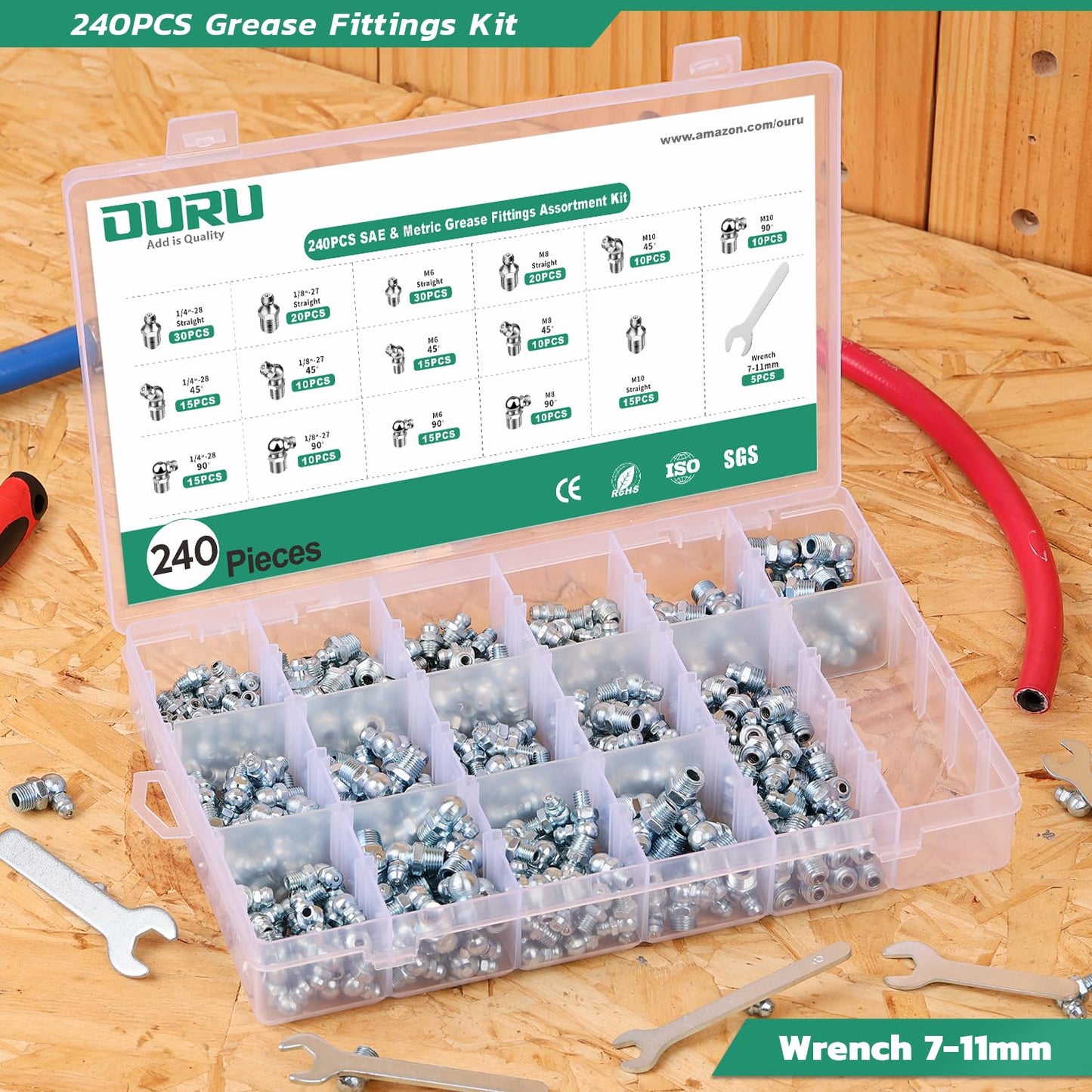 OURU 240PCS Grease Fittings Assortment,SAE & Metric Zerk Grease Fittings Straight 45 90 Degree with Wrench Kit(7-11mm) for Grease Gun