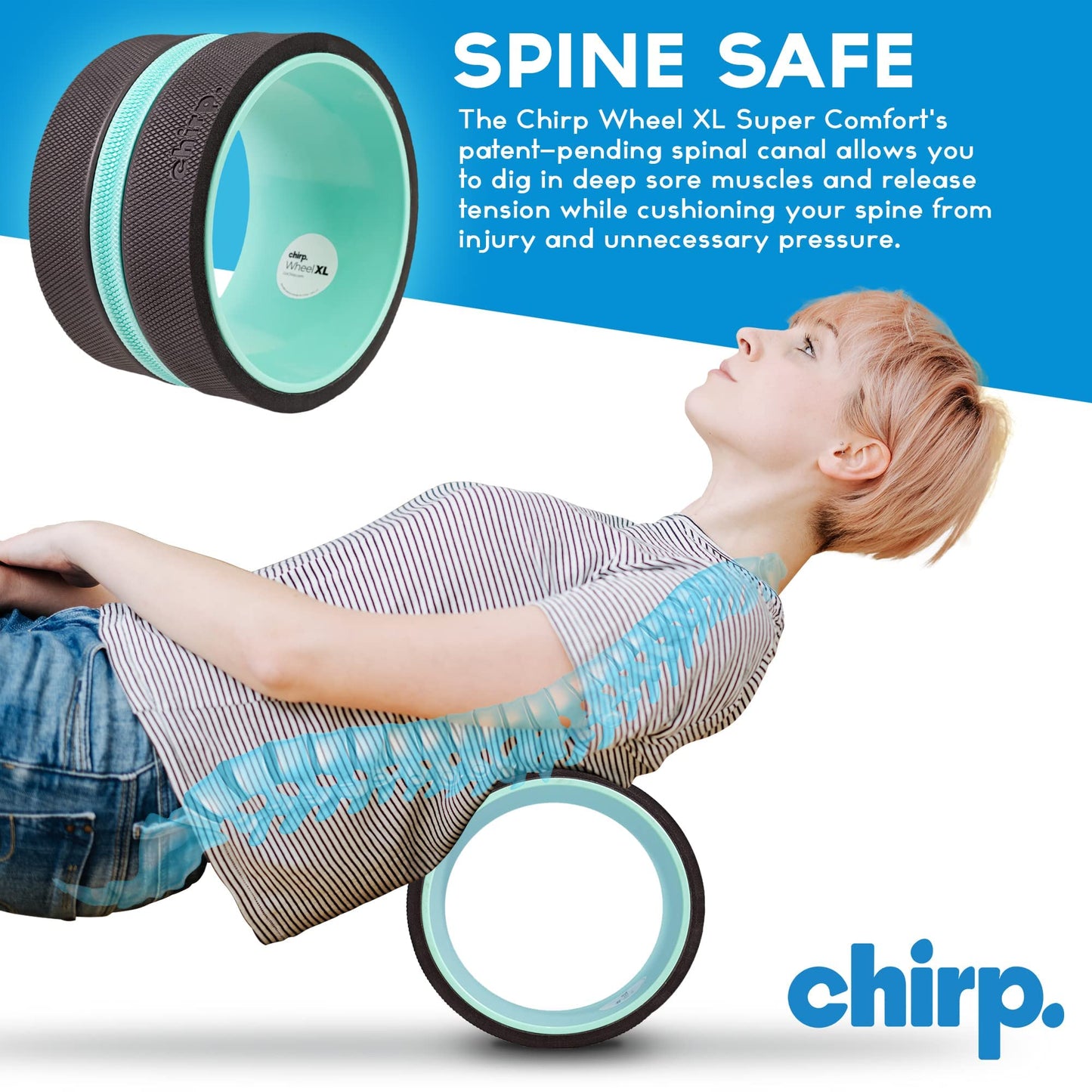 Chirp Wheel XL - Super Comfort Back Massage Roller - Wider Back Stretcher & Cracking Device, Plush Cushion, Enhanced Stability, Spinal Protection, Point Pressure | High Density Foam, Up to 500 lbs