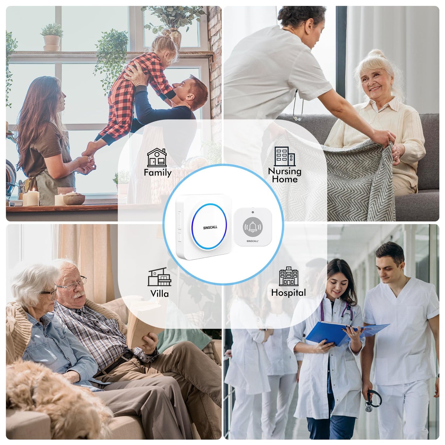 SINGCALL Wireless Portable Caregiver Pager Panic Alarm System Personal Alarm for Elderly/Kids/Pregnant/Patients 32 Chimes & 0-100dB Volume 1 Rechargeable Portable Receiver+ 2 Emergency Call Buttons