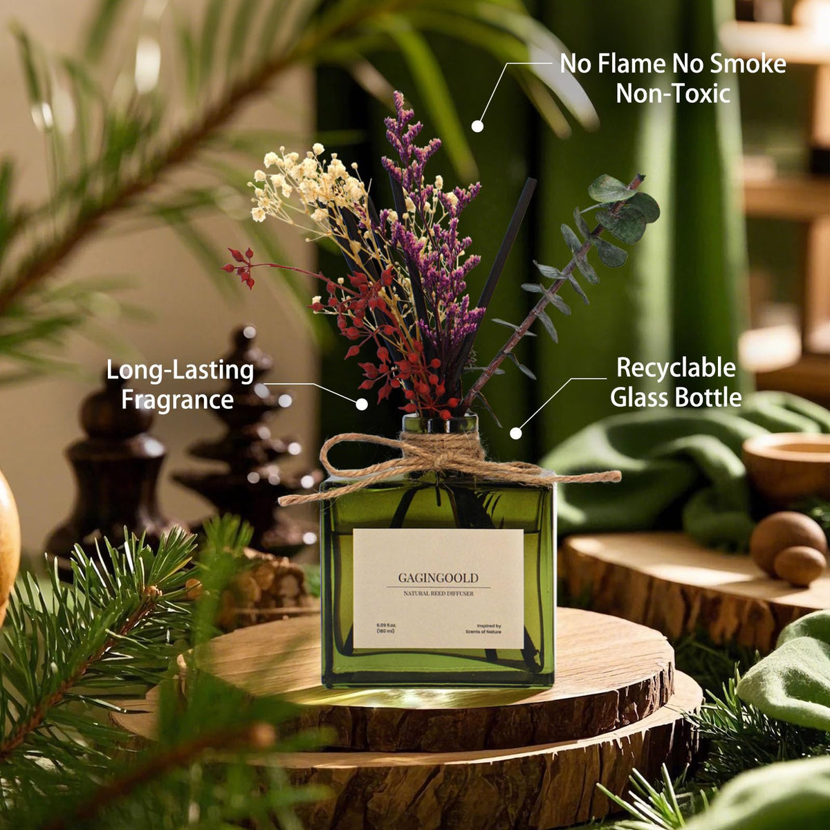 GAGINGOOLD Sandalwood Reed Diffuser, 180 ML Aromatherapy Diffuser with Dried Flowers, Premium Scented Fragrance for Home Decor Gift with 10 Natural Sticks, Long-Lasting Fragrance Up to 120 Days