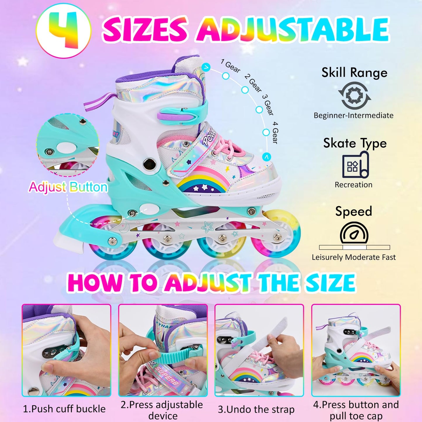Adjustable Inline Skates for Kids Girls Children Beginners, Rainbow Inline Roller Skates with Light Up Wheels for Kids and Youth for Sports (Small)