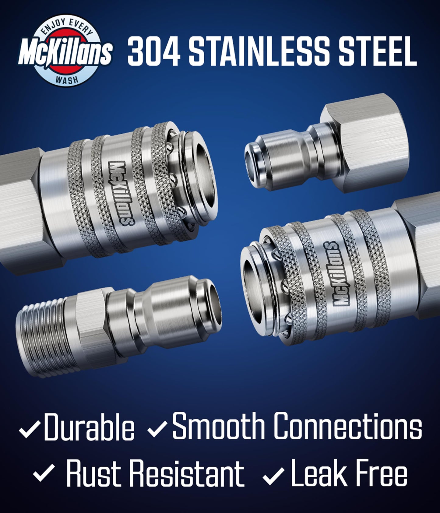 McKillans® 3/8" NPT Automatic Quick Connect Kit of 4 - Stainless Steel - 3/8" Pressure Washer Quick Connect Fittings - Power Washer NPT 3/8" - Push-to-Connect - Upgraded Viton O-Rings