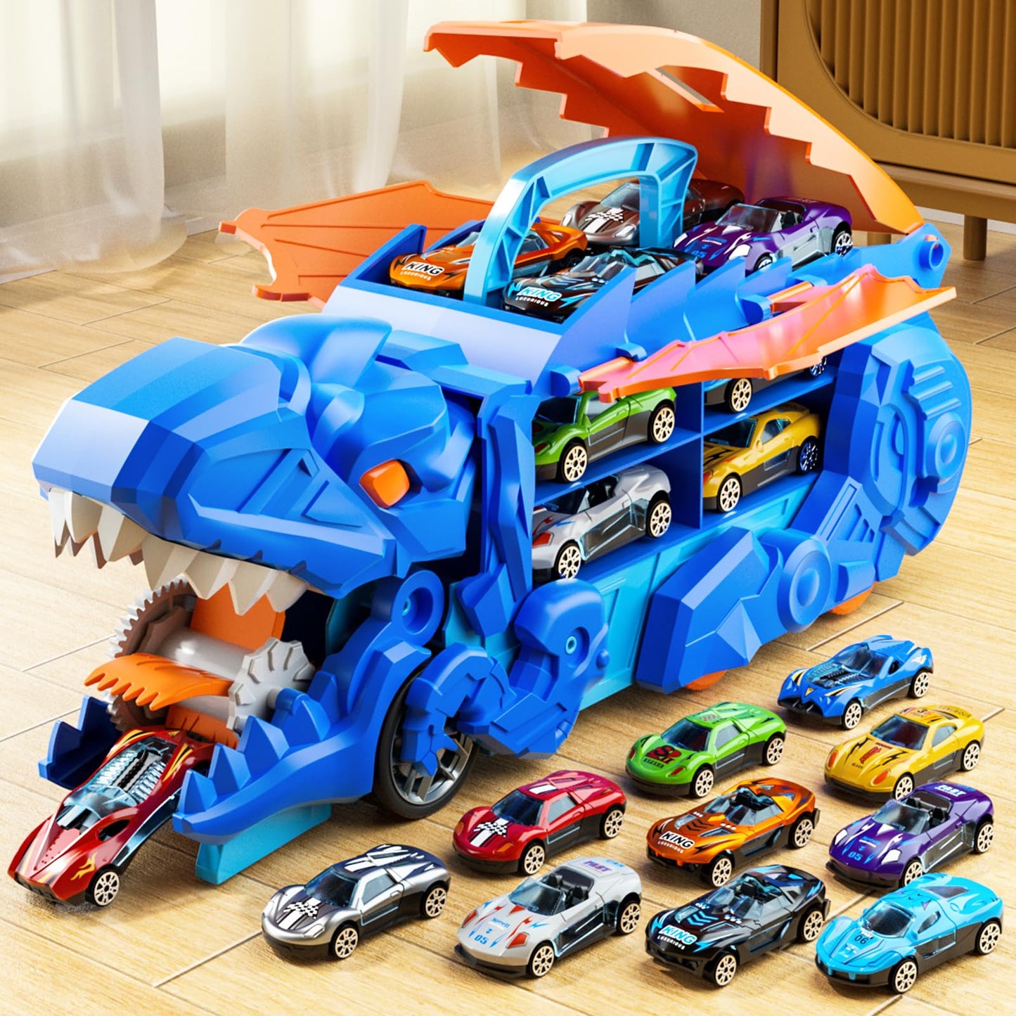 Toddler Dinosaur Truck Toys for 3 4 5 6 Years Old Boys, Cars Track Set Dinosaur Transporter Truck with 10 Die-Cast Cars, Transforms into Dino, Toddler Toys Set for Kids Boys Girls