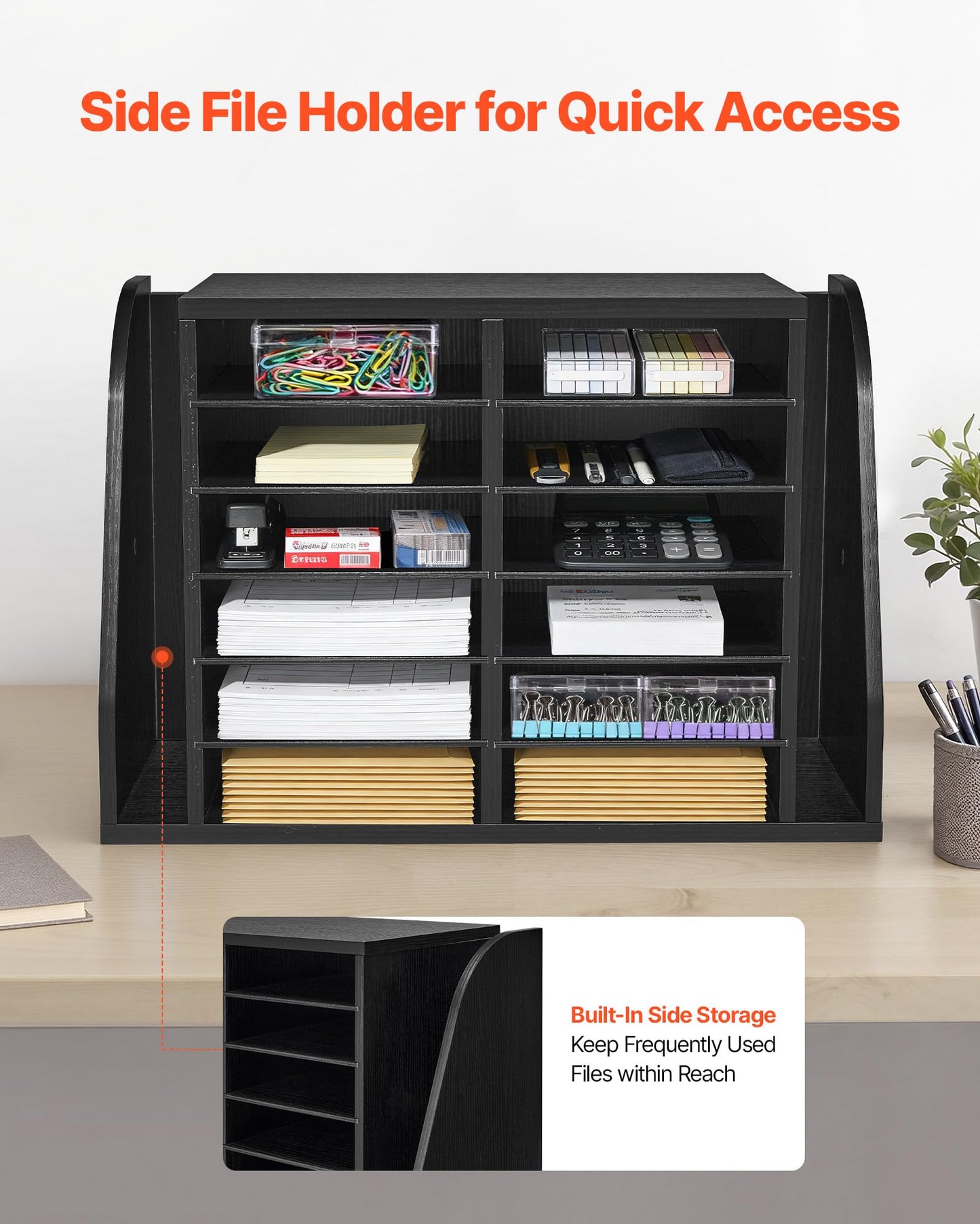VEVOR Literature Organizer, 12 Compartments Office Mailbox with Side Vertical Storage, Wooden Mailbox Sorter Made of Particle Board, Countertop Office Home Organizer for File, Document, Paper, Black
