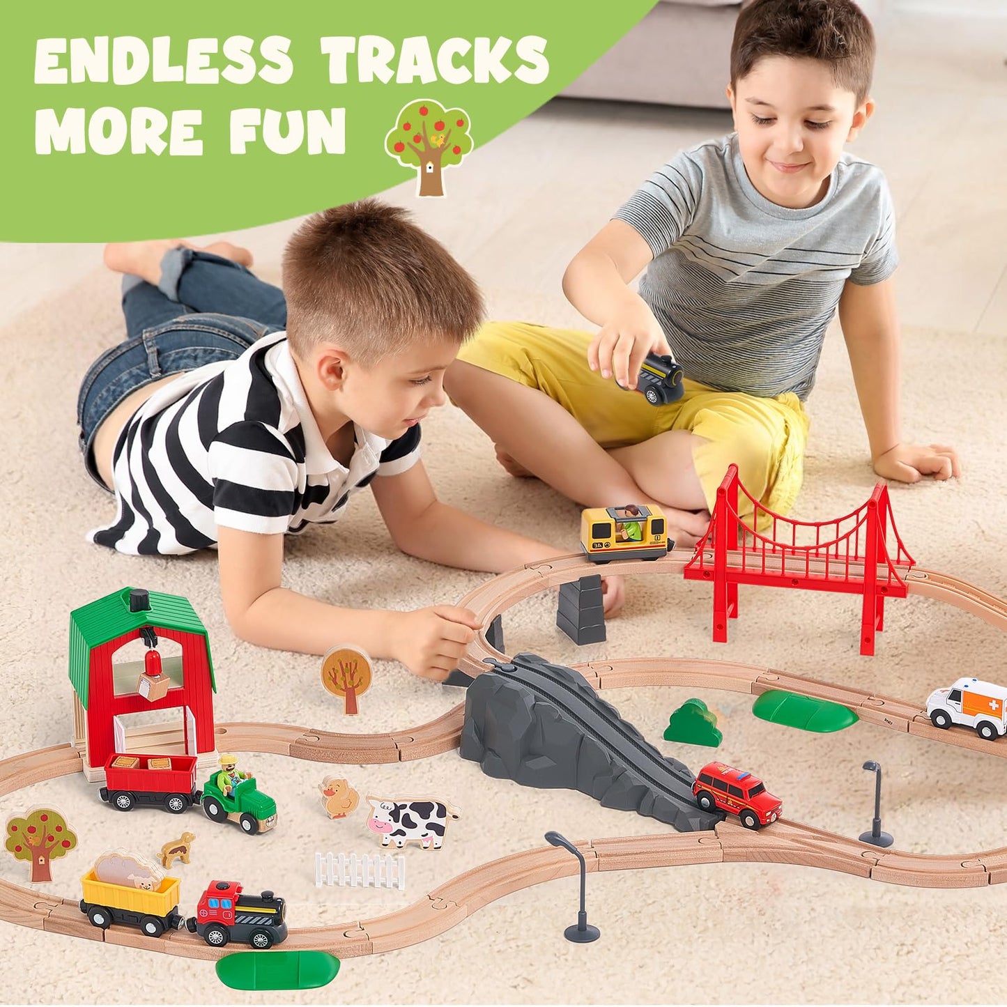 Wooden Farm Train Set for Toddlers, Battery Operated Train Railway Track Set with Bridge, Barn, Animals, Tractor Cargo Trains, Compatible with Most Brand, Toy Gift for Kids Boys Girls Age 3-8