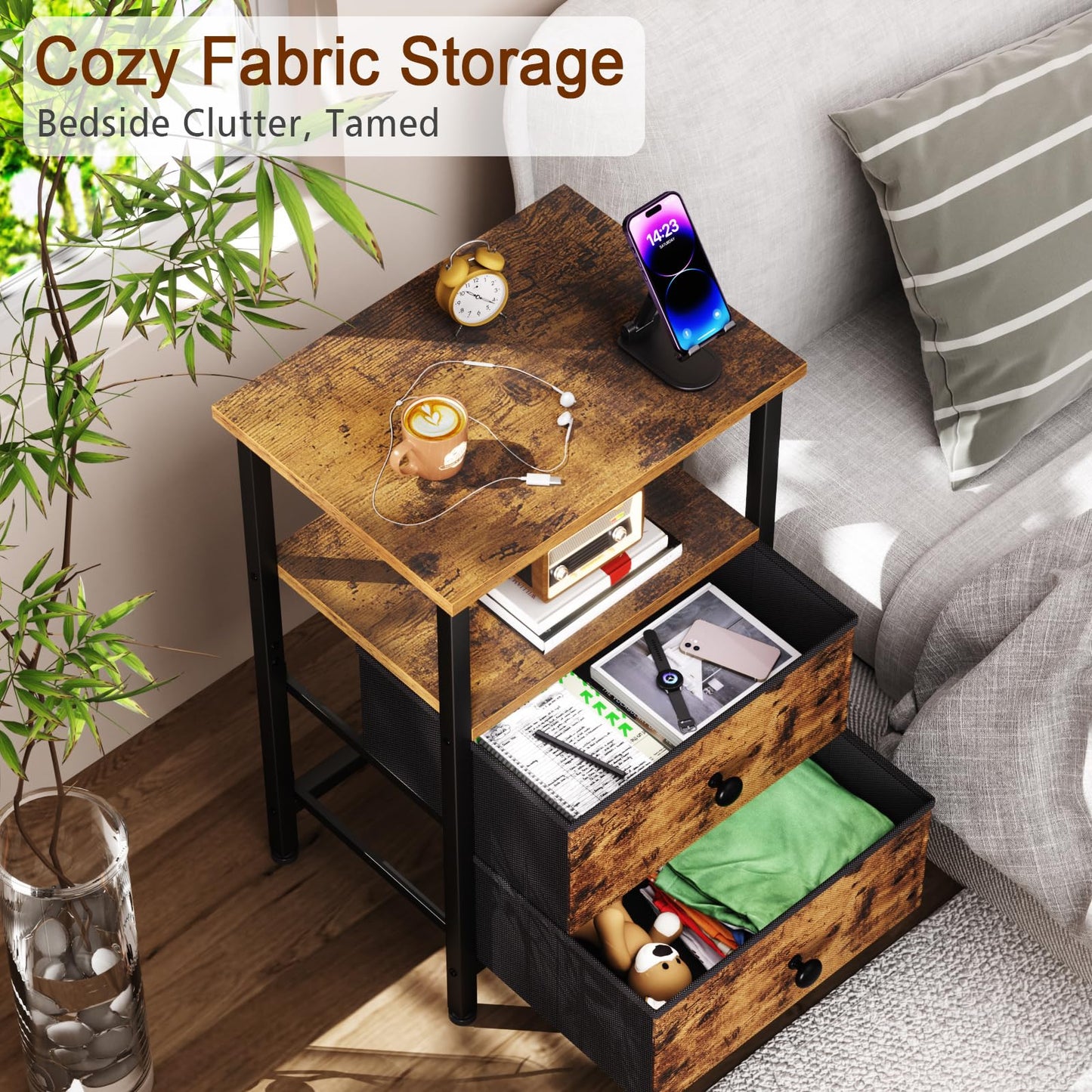 LOAKEKEL Night Stand, Bed Side Table with 2 Fabric Drawer for Living Room, Nightstand with Large Storage Space, End Table with Shelf for Bedroom, Brown, HETS002BR-1