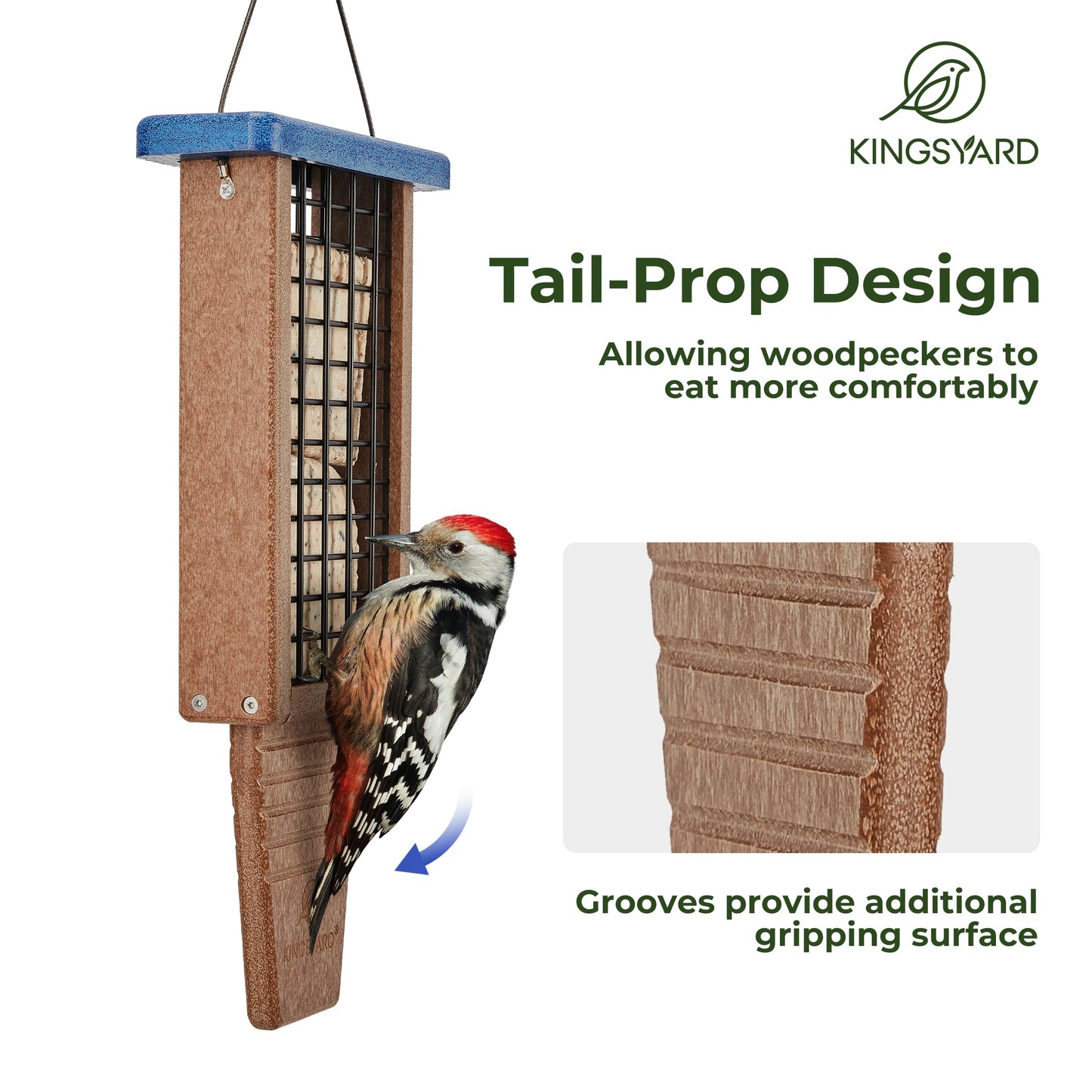 Kingsyard Recycled Plastic Suet Bird Feeder, Tail Prop Double Suet Feeder for Outside, Sturdy & Durable, Great for Woodpecker & Clinging Birds, Blue