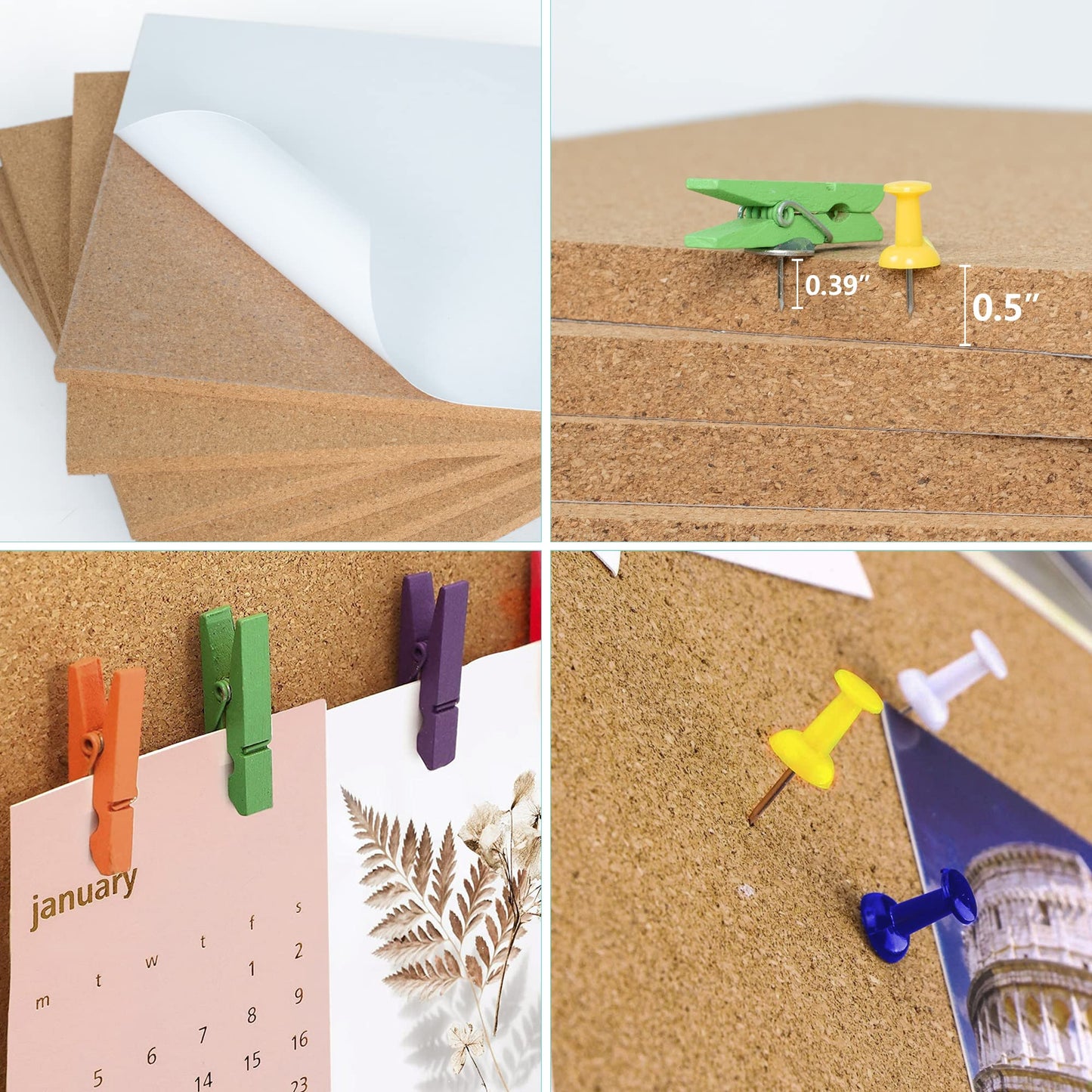 AKTOP Cork Board Bulletin Board 12x12, 1/2" Thick Cork Board Tiles 6 Pack, Small Square Pin Board for Wall, Self Adhesive Corkboards with 60 Push Pin Wood Clips for School, Home & Office