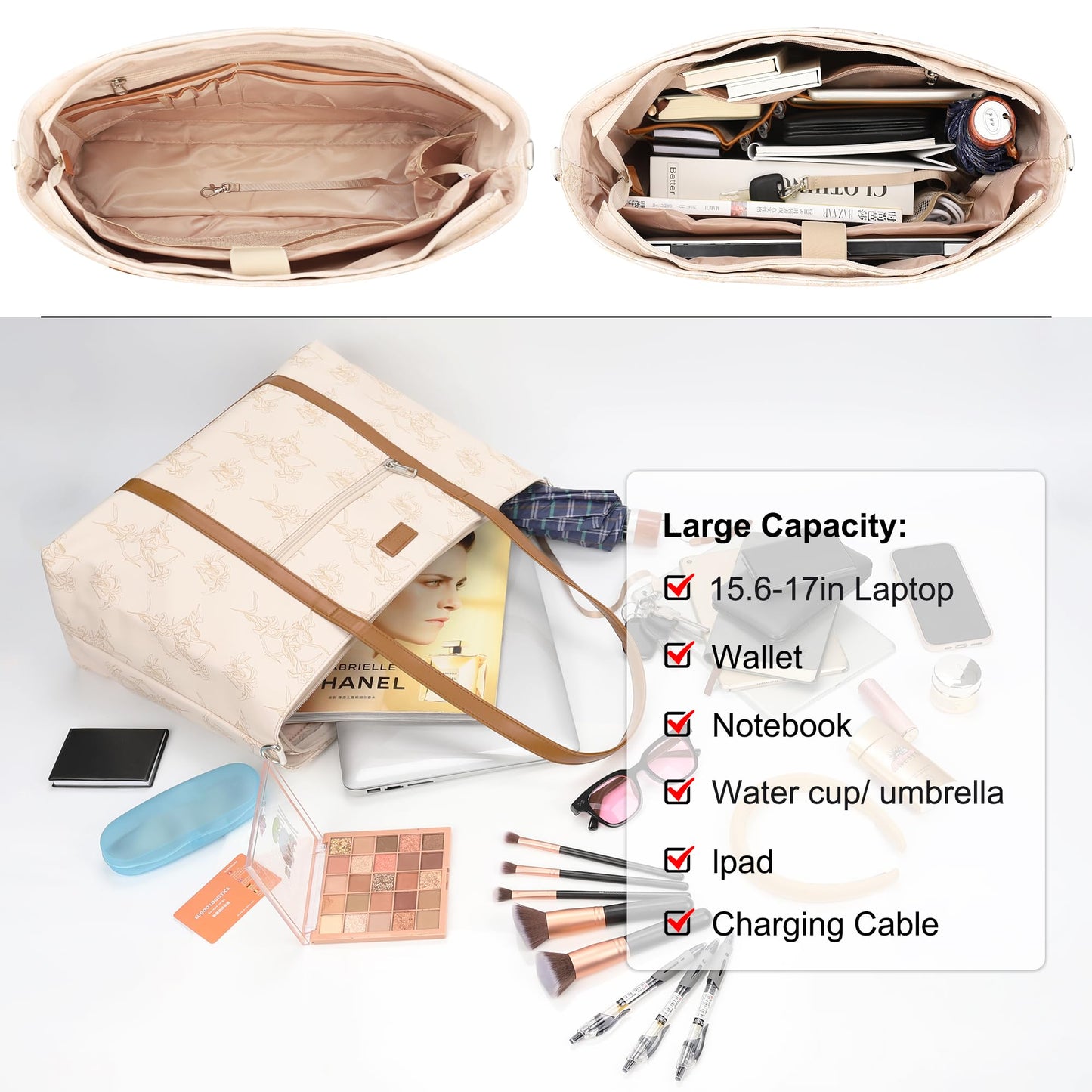 Laptop Bag for Women 17 Inch, Leather Laptop Tote Bag Waterproof Computer Bag Office Work Bag Business Briefcase with Compartment&Shoulder Straps (Beige/Brown Flower)