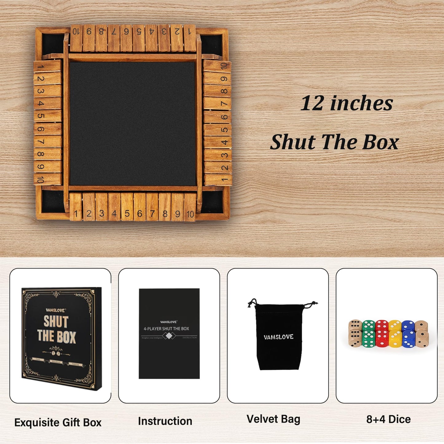 VAMSLOVE 12 inches Shut The Box Dice Game Wooden Board for 2-4 Player, 4 Sided 10 Numbers Math Games with 8+4 Dices Close The Box for Kids Adults(Instructions Included)